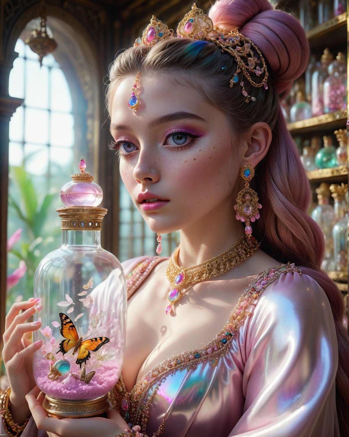 (masterpiece), (best quality:1.4),dreamlikeart, fairytale, elaborate multi-colored, shiny, jewel-like jewels, gold, elaborate jewelry and riches in a bottle, realistic, photo, canon, dreamlike, art, 17 year old lady standing in a large bottle, lady has freckles, big lips, pink long hair, elaborate braids, hair buns, pierced ears with elaborate dangle earrings, lady has very large detailed light pink eyes, lady standing in large bottle wearing elaborate silk, embroidered, shiny outfit, elaborate jewelry, serene facial expression, hyperdetailed photorealism, shelves in room around lady in large bottle with more bottles of small ladies, butterflies and potions, large floor to ceiling window with natural light, lifelike high res sharp focus contrast!! intricate detailed atmospheric light refraction lighting unreal engine 5 cinematic, light shafts, full body shot, high ceiling, head to toes shot 