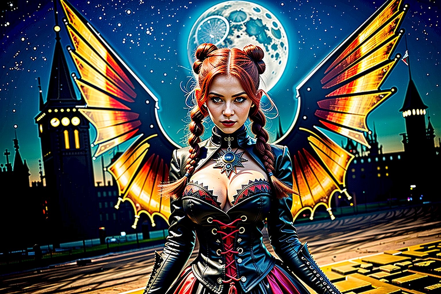 High definition vivid masterpiece, a beautiful vampire woman with red hair, elaborate braids, hair buns, messy hair, blowing hair, red glowing big detailed eyes, large tattered devil wings, realistic, steampunk, night time, in front of a gothic castle, gravestones, full moon, starry sky, dreamy, fantasy, mythical, magical, steampunk mechanical glowing full moon, light shafts, detailed background, boots, full body,horror,Makeup,Masterpiece, full body