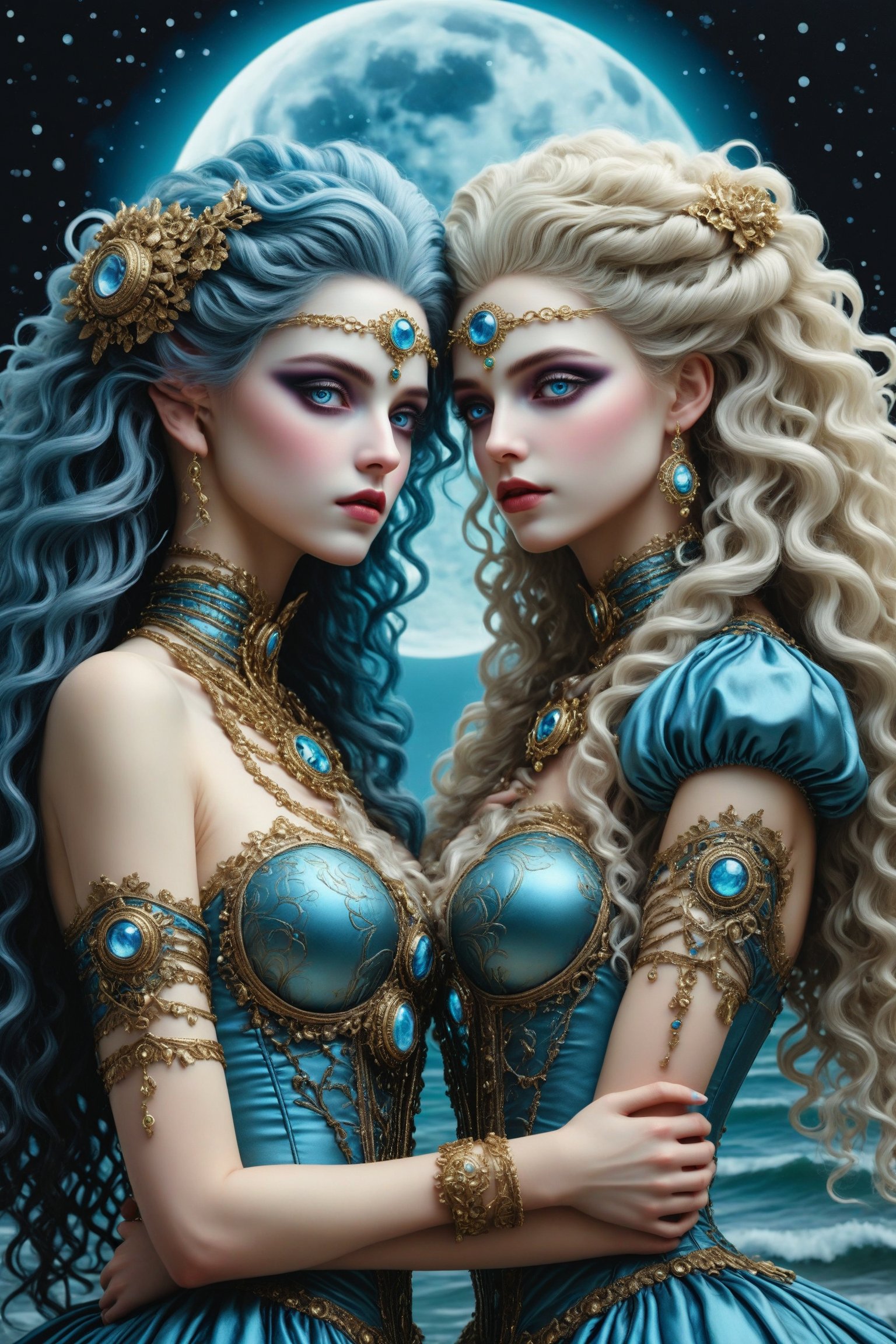 middle shot, cinematic, dynamic, realistic portrait of two beautiful ancient priestesses. side by side, looking at each other. embracing. a fusion of elaborate rococo, ancient roman, ancient european gothic punk. one has long curly blue hair and blue eyes. the other has light brown straight long hair. they wear elaborate priestess outfits. bejewelled. a detailed background of an ocean beach at night, dark sky, full moon, perfect female anatomy, goth person, pastel goth, dal, Gaelic Pattern Style, middle shot, cinematic, dynamic