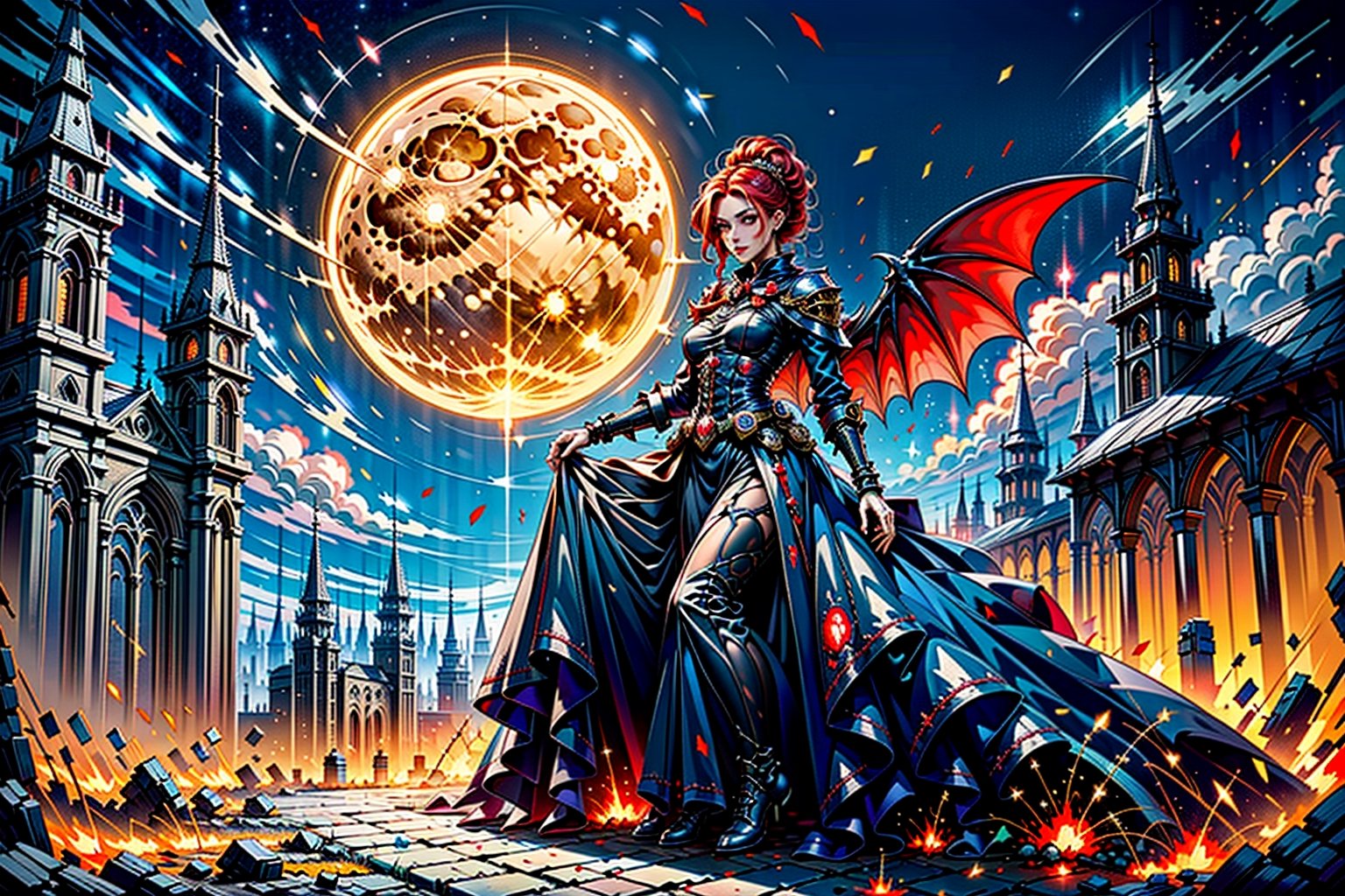 High definition vivid masterpiece, a beautiful vampire woman with red hair, elaborate braids, hair buns, messy hair, blowing hair, red glowing big detailed eyes, large tattered devil wings, realistic, steampunk, night time, in front of a gothic castle, gravestones, full moon, starry sky, dreamy, fantasy, mythical, magical, steampunk mechanical glowing full moon, light shafts, detailed background, boots, full body,horror