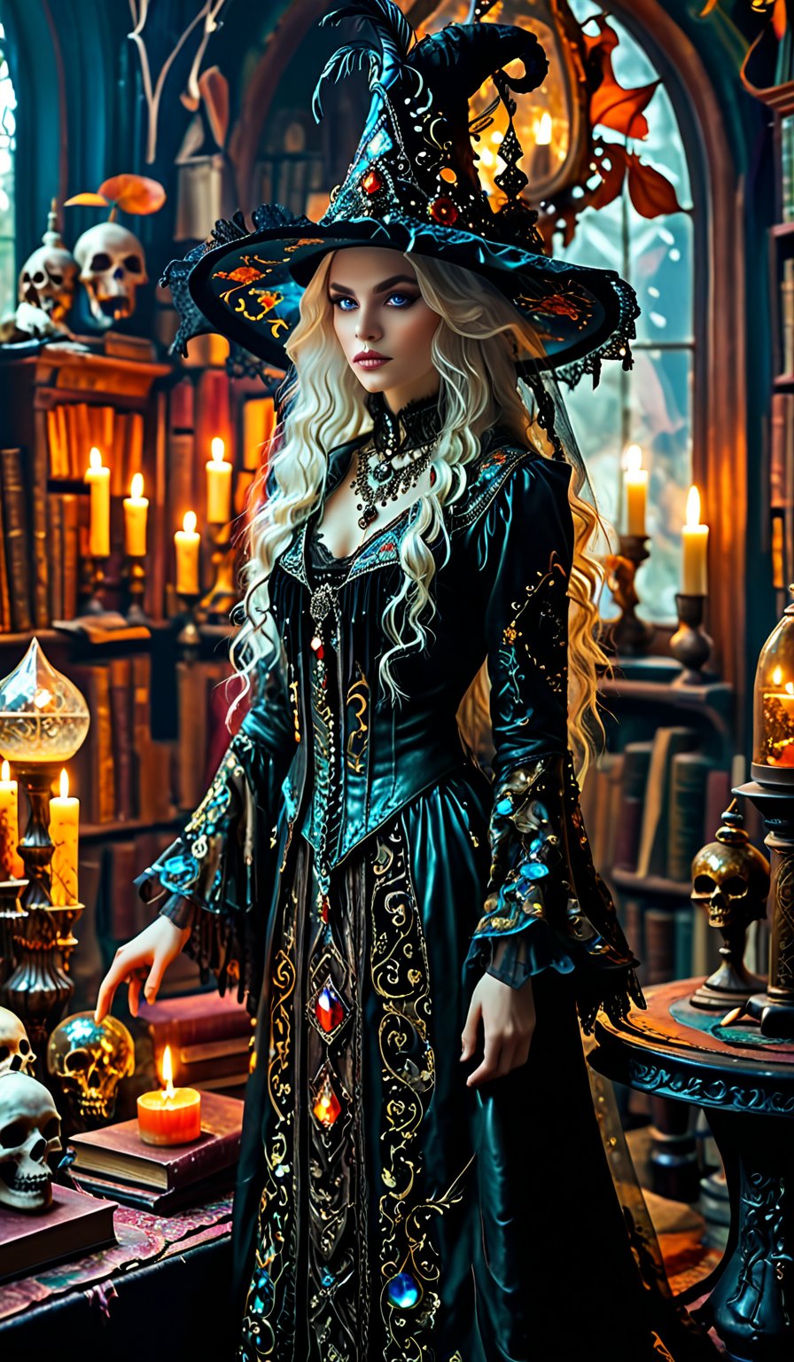 1girl,Envision a beautiful rococo witch resplendent in a beautiful witch dress and pointy hat adorned with intricate gothic embroidery, with rich colors and luxurious fabrics. she is standing in her rococo lair of ancient leather books, spellbooks, potions, candles, crystal ball, skull. she is powerful and benevolent, a healer of the highest order. full moonr.,DonMM1y4XL,Indian Model
