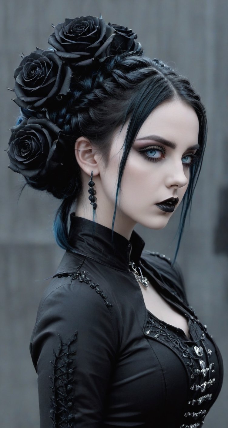 Highy detailed image, cinematic shot, (bright and intense:1.2), wide shot, perfect centralization, side view, dynamic pose, crisp, defined, HQ, detailed, HD, dynamic light & pose, motion, moody, intricate, 1girl, jet black hair in elaborate buns and braids (((goth))) light blue eyes, black roses in hair, attractive, clear facial expression, perfect hands, emotional, hyperrealistic inspired by necronomicon art, fantasy horror art, photorealistic dark concept art
,goth person