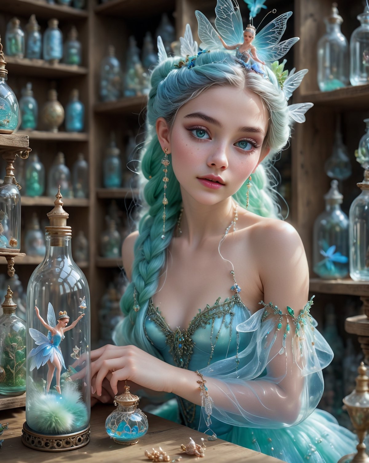 (masterpiece), (best quality:1.4),dreamlikeart, fairytale, tiny cute female fairy with elaborate ballet outfit and gossamer wings in a bottle, realistic, photo, canon, dreamlike, art, 17 year old lady looking at fairy in a bottle on a desk, lady has freckles, big lips, blue long hair, elaborate blue pastel braids, blonde hair buns, pierced ears with elaborate dangle earrings, lady has very large detailed ice green eyes, lady wearing elaborate outfit, elaborate jewelry, serene facial expression, hyperdetailed photorealism, shelves behind lady with more  bottles of fairies, natural light, lifelike high res sharp focus contrast!! intricate detailed atmospheric light refraction lighting unreal engine 5 cinematic, light shafts, full body shot, high ceiling,