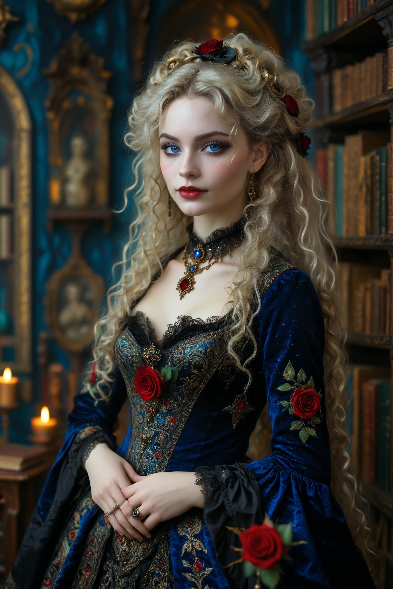 medium 1/3 shot of 1girl, a beautiful stunning captivating  rococo gothic witch. (((she has big very long curly blonde hair))). her clothes and adornments show that the has exquisite taste and she is very wealthy. decorative bejewelled gold ornaments and black and red roses in her hair. big round beautiful warm happy deep blue eyes. dark gothic make-up. smooth perfect skin, beautiful full lips. she has a warm, welcoming smile. she is resplendent in a beautiful elaborate velvet gothic witch dress adorned with intricate embroidery, brocade in rich colors and luxurious fabrics. she has her hands down at her sides. the detailed background includes her luxurious rococo study library with shelves full of ancient leather books, colorful crystal bottles, candles, magical items. she is a benevolent and loving witch.,real_booster