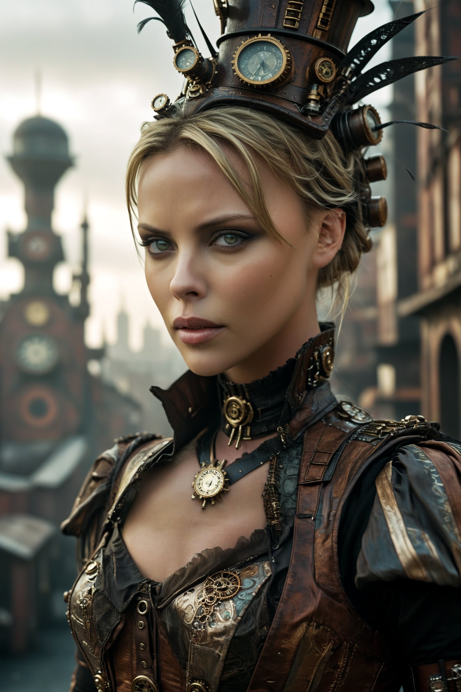 medium shot of 1girl, a beautiful Charlize Theron with a closed mouth smile. she is dressed in an elaborate steampunk outfit. behind her is a steampunk cityscape.