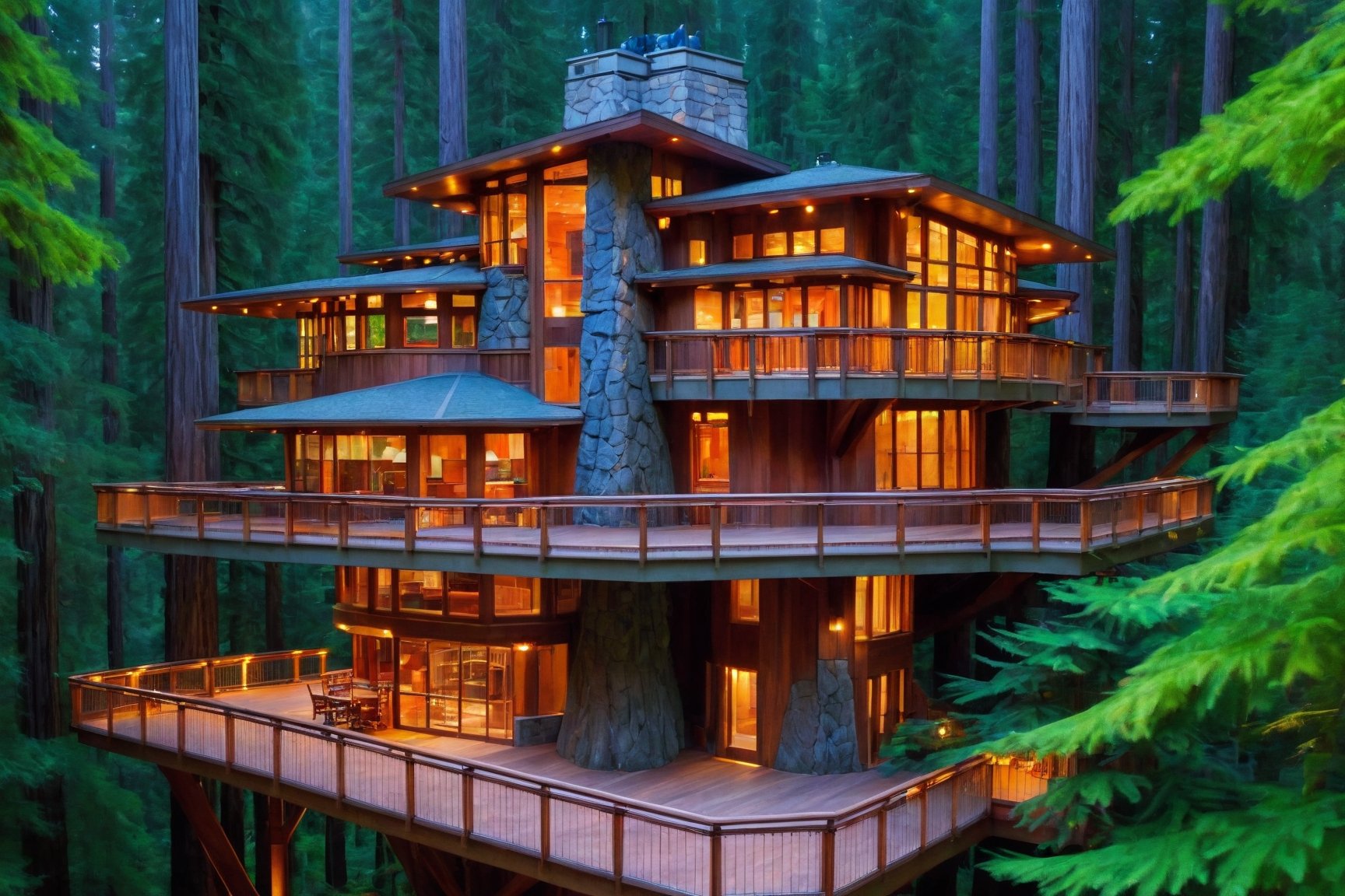 long shot ((masterpiece)), (((best quality))), ((ultra-detailed)), beautiful elaborate realistic frank lloyd wright  treehouse deep in a lush green redwood forest, large tall giant sequoia and redwood trees, the tree house is spacious, gorgeous frank lloyd wright style architecture, rock slate foundation, there is a large wooden deck around the perimeter of the treehouse, night time full moon,,aw0k euphoric style,aw0k euphoricred style, long shot from above looking down
