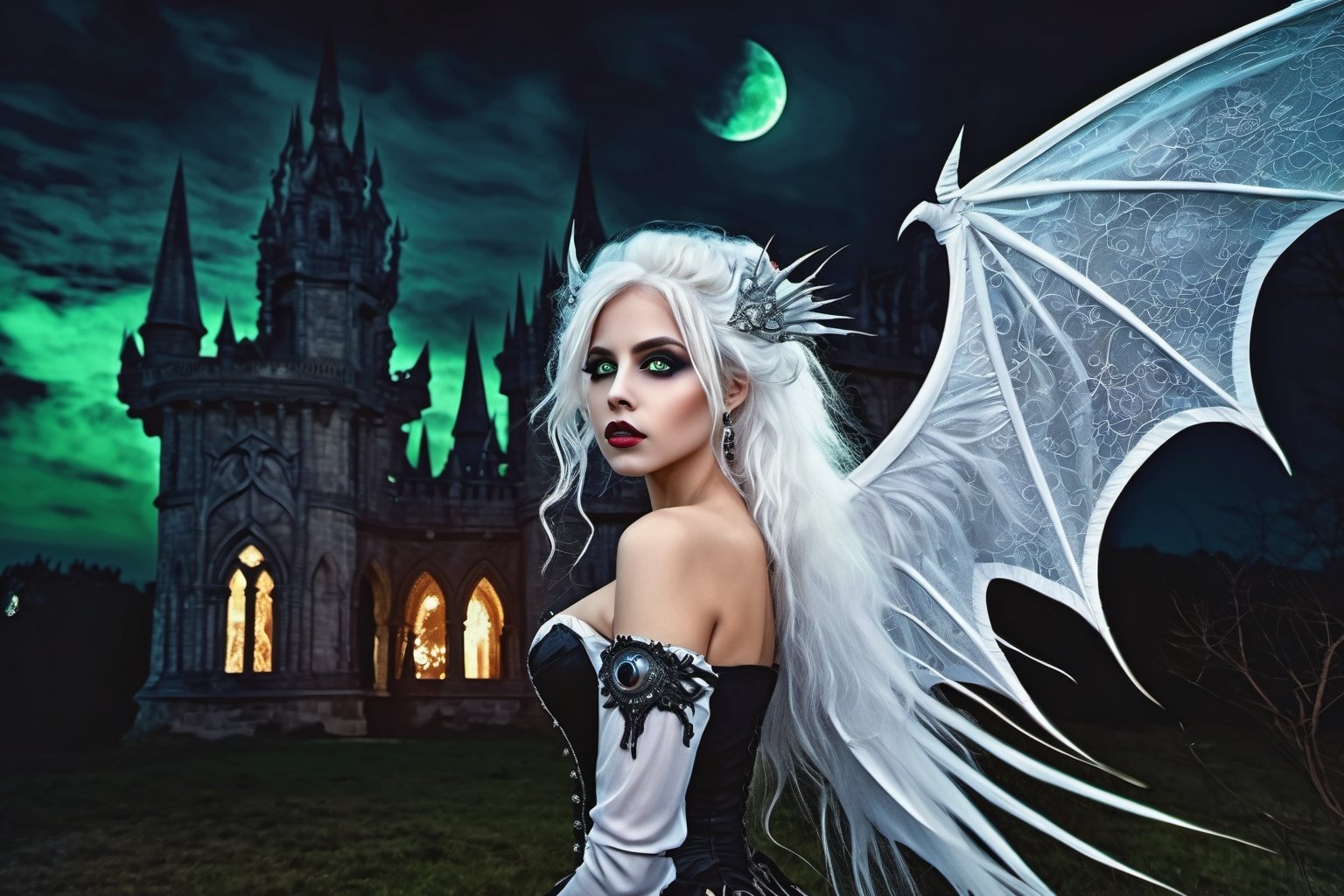 High definition vivid masterpiece, a beautiful vampire woman, elaborate spikey super long, messy white hair, blowing hair, green glowing big detailed eyes, large tattered devil wings, realistic, steampunk, night time, in front of a gothic castle, gravestones, full moon, starry sky, dreamy, fantasy, mythical, magical, steampunk mechanical glowing full moon, light shafts, detailed background, boots, full body,horror,Makeup,Masterpiece, full body,realistic