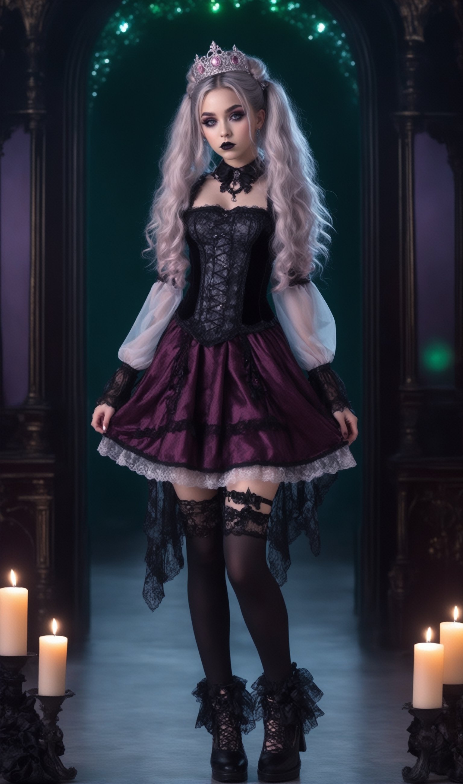 photorealistic concept art, 1girl, irish Young girl, blond long hair, messy hair, elaborate hair, hair buns, serene expression on face, dark eye make up, elaborate outfit, intricate princess crown on head, pastel gothic Fashion Girl,Grunge-Lolita Fashion, girly pastel lace blouse, high heel embroidered silk intricate thigh high boots, holding a glass bejeweled goblet of dark red wine, The ethereal glow, metallic accessories, and moody atmosphere create a mystical aura,
Gothic Lolita long lace Skirt, her look exudes dark glamour,natural volumetric cinematic perfect light,pastelbg,pastel goth, intricate background, candles, realistic large gray cats with fluffy grey long hair with glowing green eyes at the girl's feet,