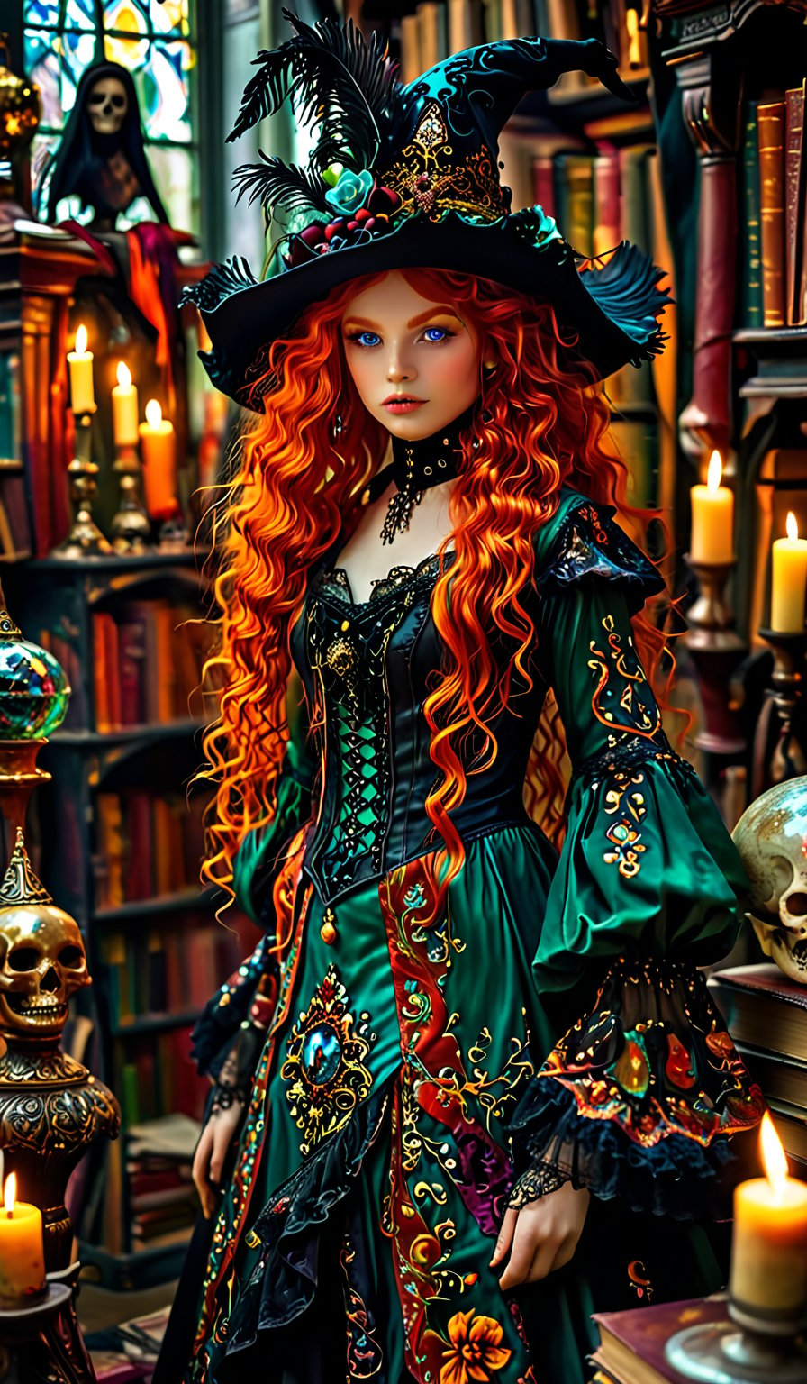 1girl,Envision a beautiful rococo witch. curly long vivid red hair, light green eyes. she is resplendent in a beautiful witch dress and pointy hat adorned with intricate gothic embroidery, with rich colors and luxurious fabrics. she is standing in her rococo witches lair of ancient leather books, spellbooks, potions, candles, crystal ball, skull. she is powerful and benevolent, a healer of the highest order. DonMM1y4XL,Indian Model