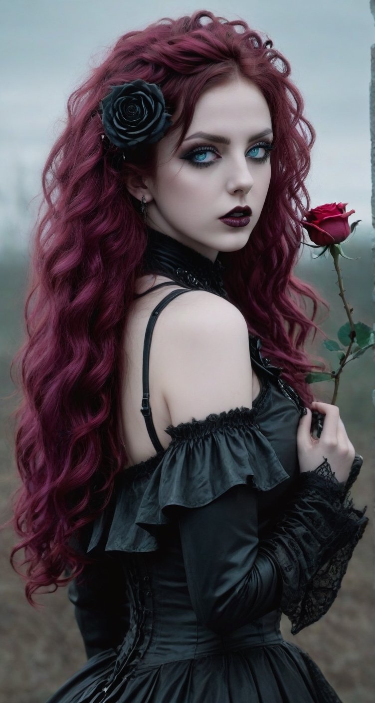 Highy detailed image, cinematic shot, (bright and intense:1.2), wide shot, perfect centralization, side view, dynamic pose, crisp, defined, HQ, detailed, HD, dynamic light & pose, motion, moody, intricate, 1girl, dark pink long curly hair (((goth))) light blue eyes, holding a black rose, attractive, clear facial expression, perfect hands, emotional, hyperrealistic inspired by necronomicon art, fantasy horror art, photorealistic dark concept art
,goth person
