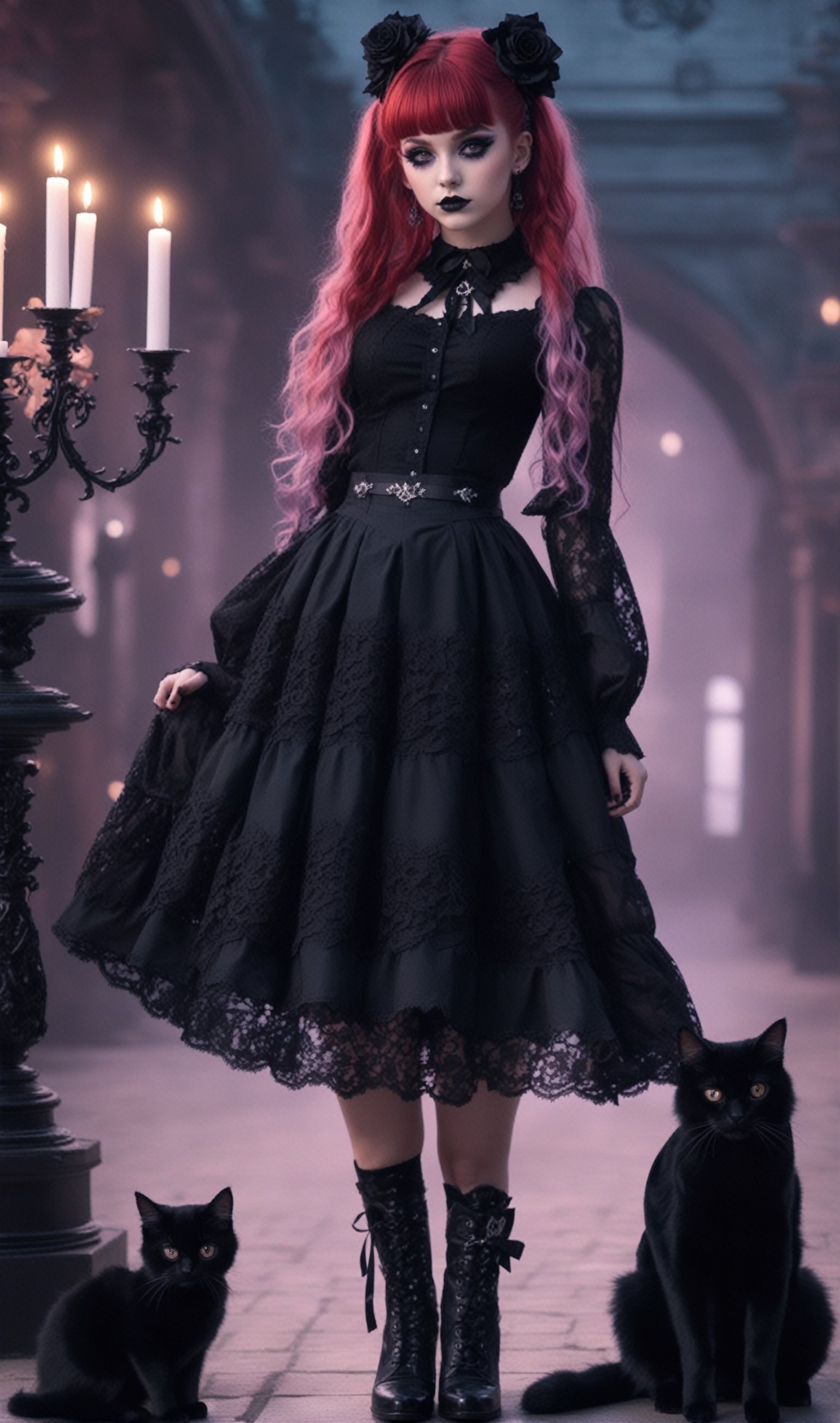 photorealistic concept art, 1girl, irish Young girl, red long hair, messy hair, elaborate hair, hair buns, mischevious smile look on face, dark eye make up, elaborate outfit, black roses in hair, pastel gothic Fashion Girl,Grunge-Lolita Fashion, girly pastel lace blouse, high heel embroidered intricate boots,The ethereal glow, metallic accessories, and moody atmosphere create a mystical aura,
Gothic Lolita long lace Skirt, her look exudes dark glamour,natural volumetric cinematic perfect light,pastelbg,pastel goth, intricate background, candles, realistic cats walking around,