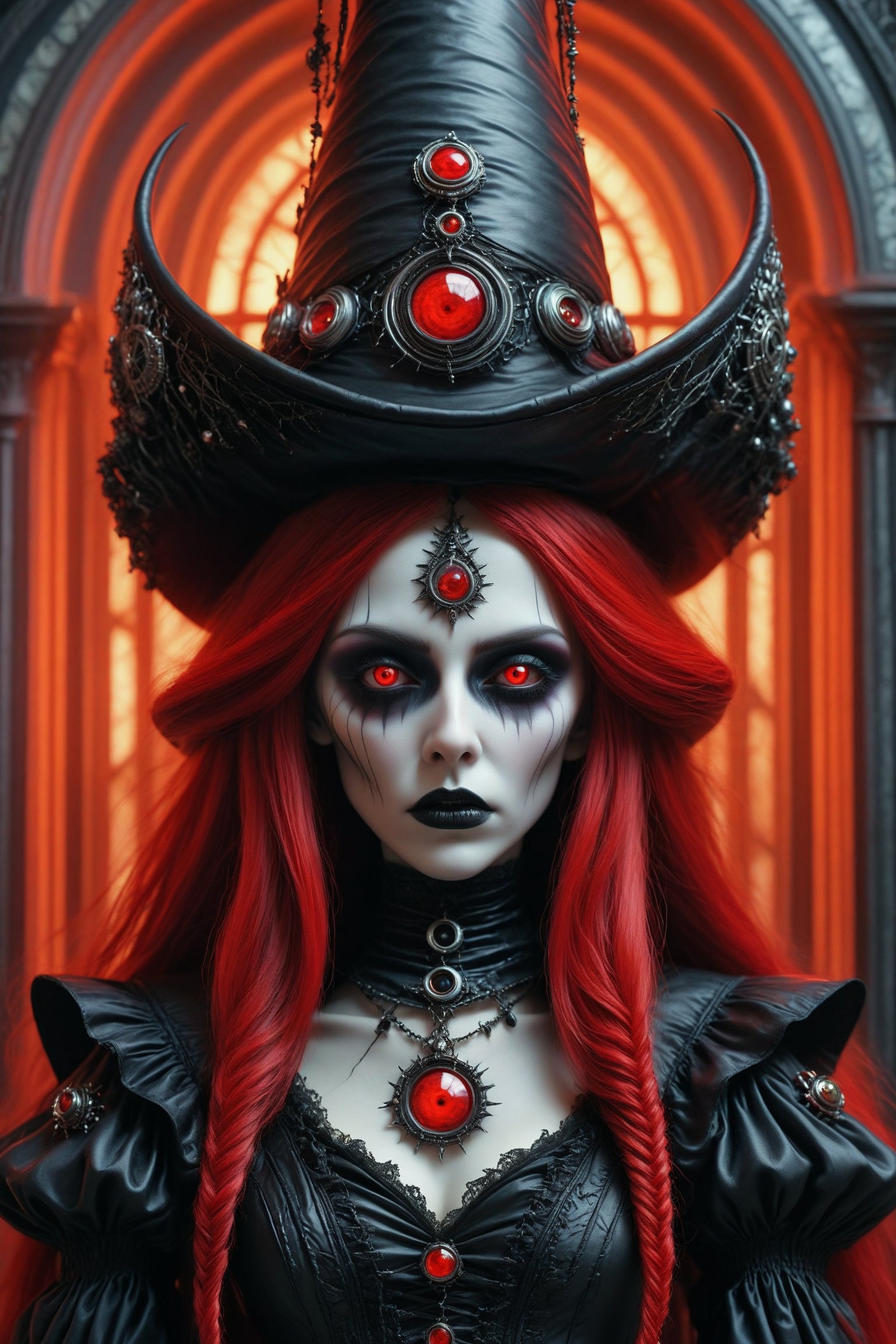 middle shot, cinematic, dynamic, realistic portrait of a dark ancient witch priestess. a fusion of elaborate rococo, futuristic gothic witchy punk. she wears a witch hat. she has long vivid red and black streaked hair. eyes are closed in prayer. a detailed background of a dark ceremonial temple with occult and celestial imagry, perfect female anatomy, goth person, pastel goth, dal, Gaelic Pattern Style, middle shot, cinematic, dynamic
