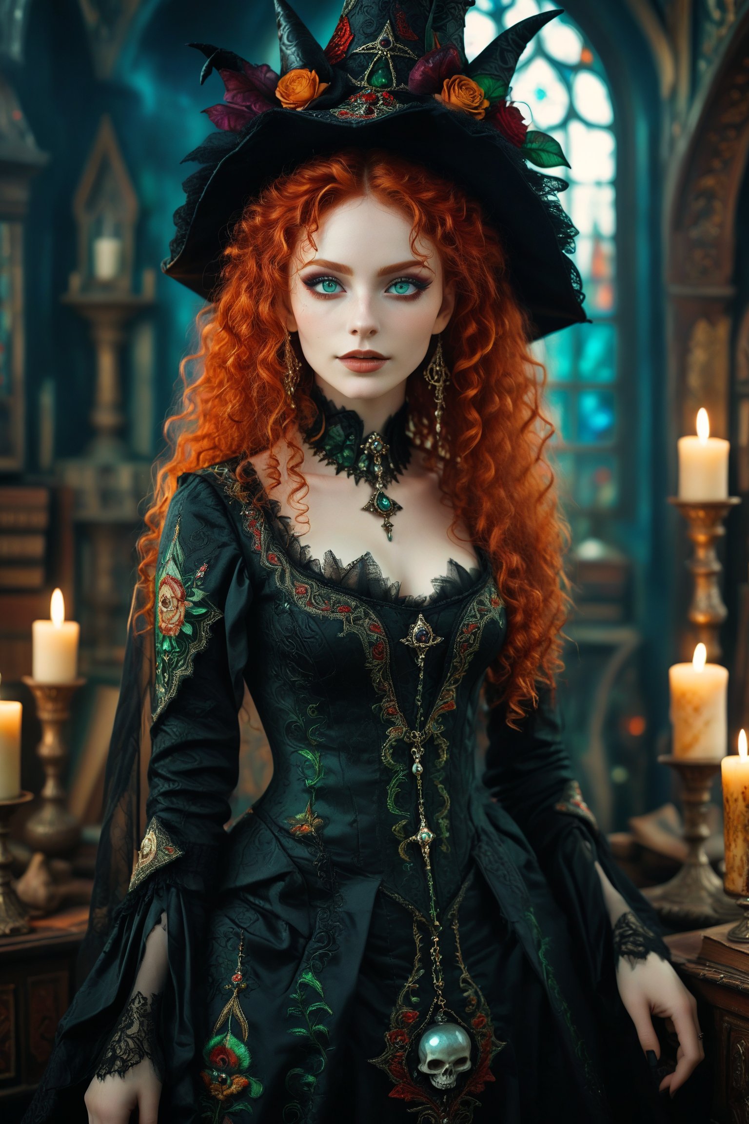 1girl,Envision a beautiful rococo gothic witch. long big vivid red curly hair, detailed green eyes. dark gothic make-up. smooth perfect skin, beautiful full lips. she has a warm, welcoming smile. she is resplendent in a beautiful witch dress adorned with intricate gothic embroidery, with rich colors and luxurious fabrics. she wears a conical, pointy-tipped witch hat adorned with intricate gothic embroidery,  rich colors and luxurious fabrics. the detailed background is of her rococo witches lair of ancient leather books, spellbooks, potions, candles, crystal ball, skull. she is powerful and benevolent, a healer of the highest order. 