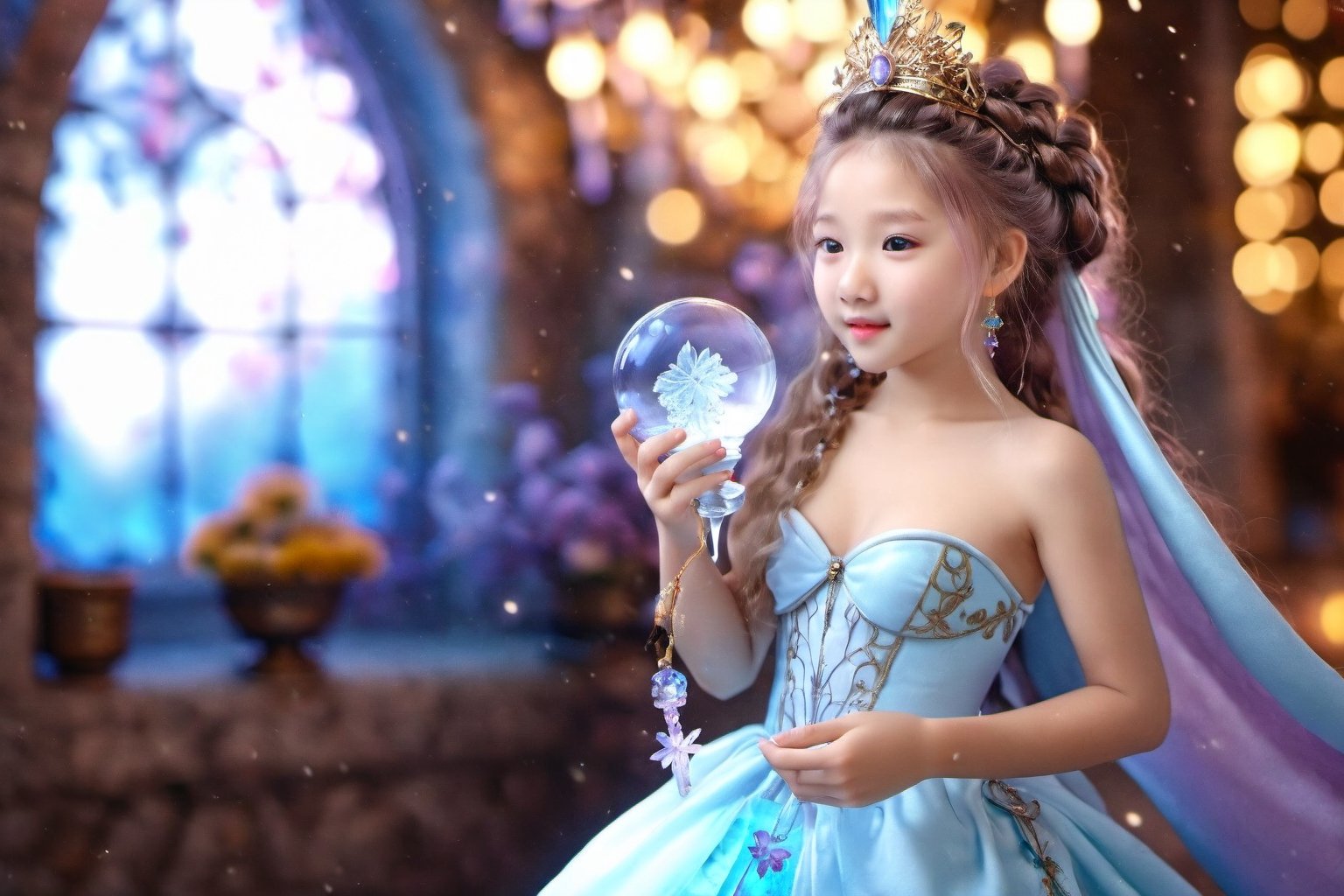 ((best quality)) , ((masterpiece)) , (detailed) , Cycles render, (a girls:1.3), ultra realistic, beautiful girl, detailed realistic ice blue eyes, eyes, long purple hair, hair buns, messy windy hair, elaborate fancy outfit, elaborate jewelry, holding a bottle with a little female fairy inside the bottle, cute fairy, shiny gossamer wings, dreamescape, elaborate outfit, natural skin texture, 8k resolution, intricate background, shafts of light, luminous