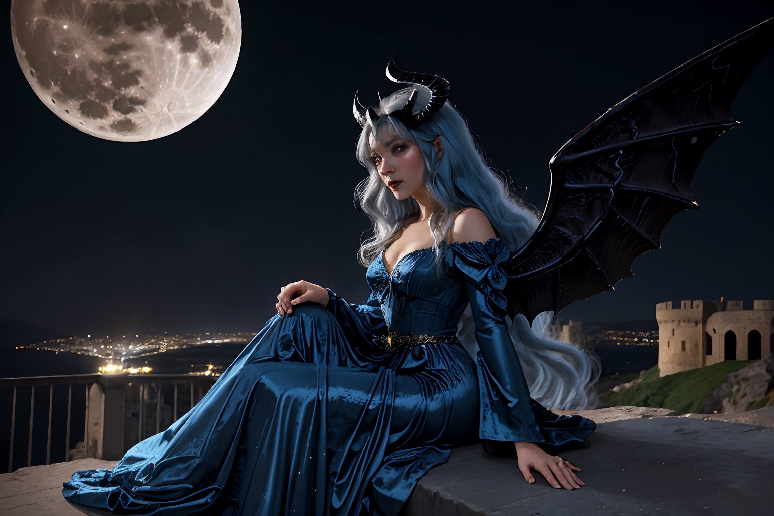 extreme long shot, michael parkes style, a beautiful young queen of gargoyles with gargoyle wings, horns, thick voluminous long blue hair is sitting on the ledge of a very tall castle on a cliff above the ocean below. there are no other structures around this cliff. she is wearing an elaborate long blue gown. she is sitting next to a gargoyle. its night time with a full moon. dark sky & stars are in the sky.  michael parkes, zoom out.,1girl,Masterpiece,SD 1.5,realistic,fashion_girl