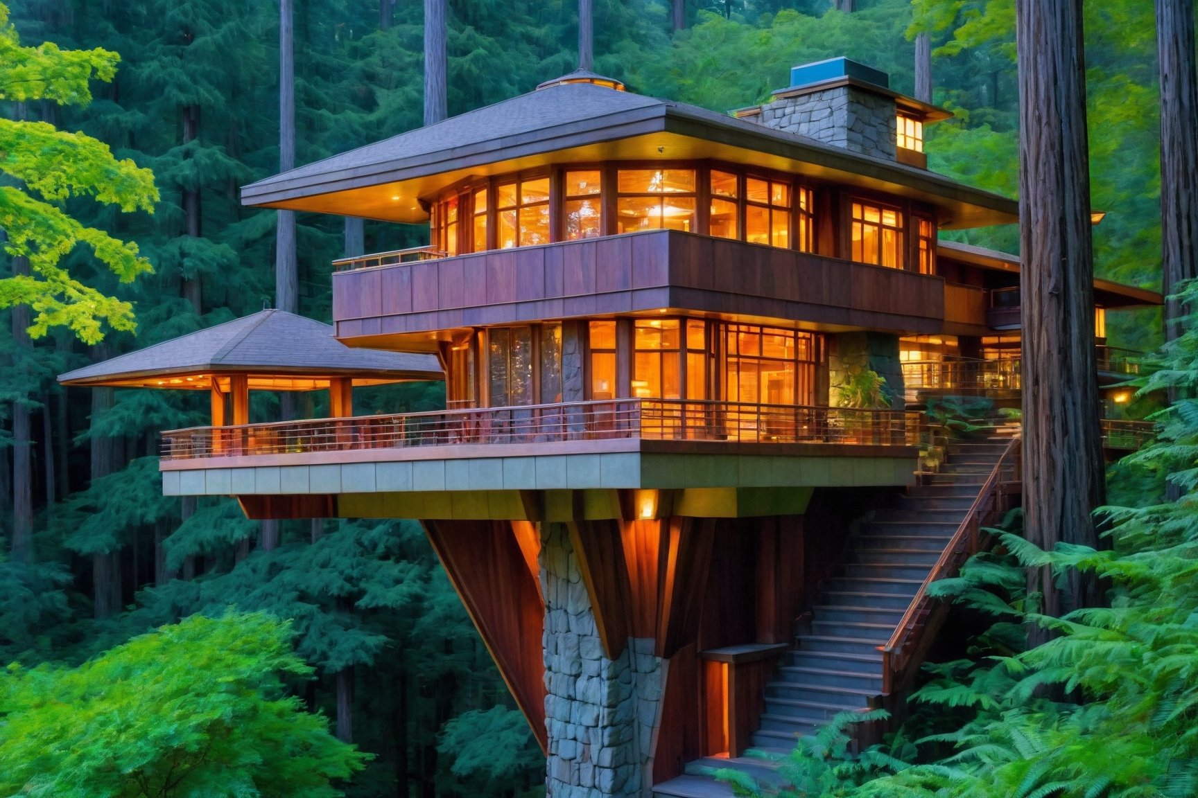 long shot ((masterpiece)), (((best quality))), ((ultra-detailed)), beautiful elaborate realistic ifrank lloyd wright  treehouse deep in a lush green redwood forest,  the tree house is spacious, gorgeous frank lloyd wright style architecture, rock slate foundation, there is a large wooden deck around the perimeter of the treehouse, shafts of light shine through the canopy, night time scene, full moon, lit lanterns,,,aw0k euphoric style,aw0k euphoricred style, long shot from above looking down, frank lloyd wright 
