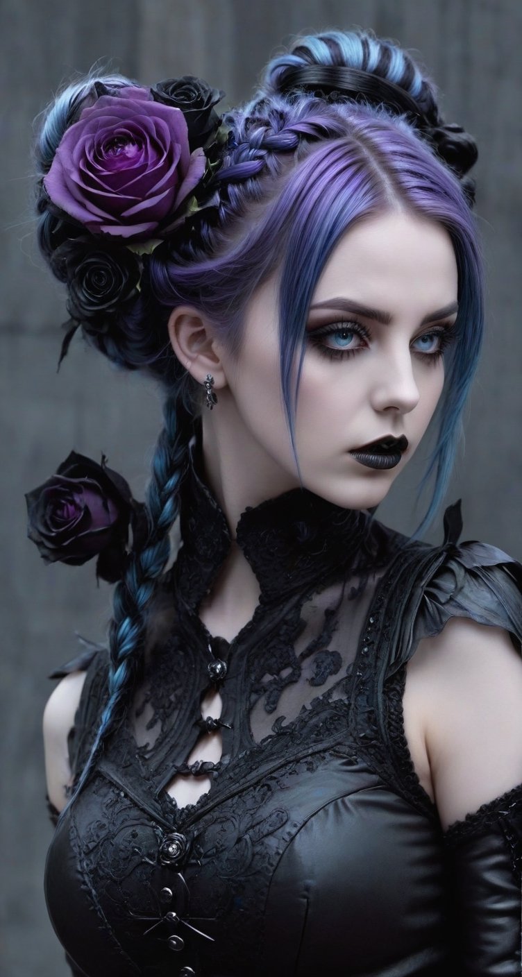 Highy detailed image, cinematic shot, (bright and intense:1.2), wide shot, perfect centralization, side view, dynamic pose, crisp, defined, HQ, detailed, HD, dynamic light & pose, motion, moody, intricate, 1girl, purple hair in elaborate buns and braids (((goth))) light blue eyes, black roses in hair, attractive, clear facial expression, perfect hands, emotional, hyperrealistic inspired by necronomicon art, fantasy horror art, photorealistic dark concept art
,goth person