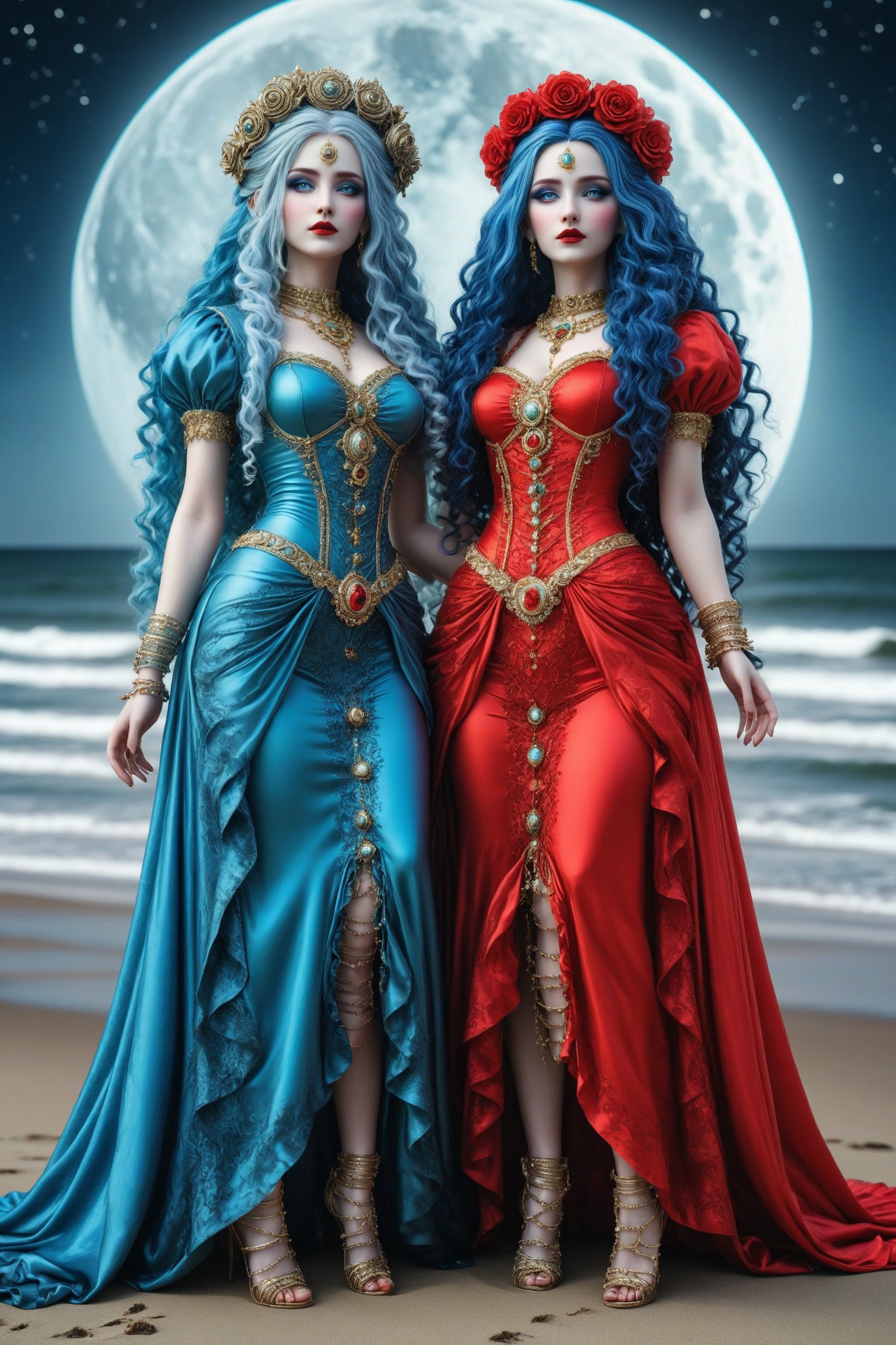 full body shot, cinematic, dynamic, realistic portrait of two beautiful ancient priestesses. side by side, looking at each other. not looking at camera. they are embracing. a fusion of elaborate rococo, ancient roman, ancient european gothic punk. one has long curly blue hair and blue eyes and wears an outfit in blue. the other has vivid red long hair and wears a red outfit. both outfits are elaborate priestess outfits. bejewelled. a detailed background of an ocean beach at night, dark sky, full moon, perfect female anatomy, goth person, pastel goth, dal, Gaelic Pattern Style, full body shot, cinematic, dynamic