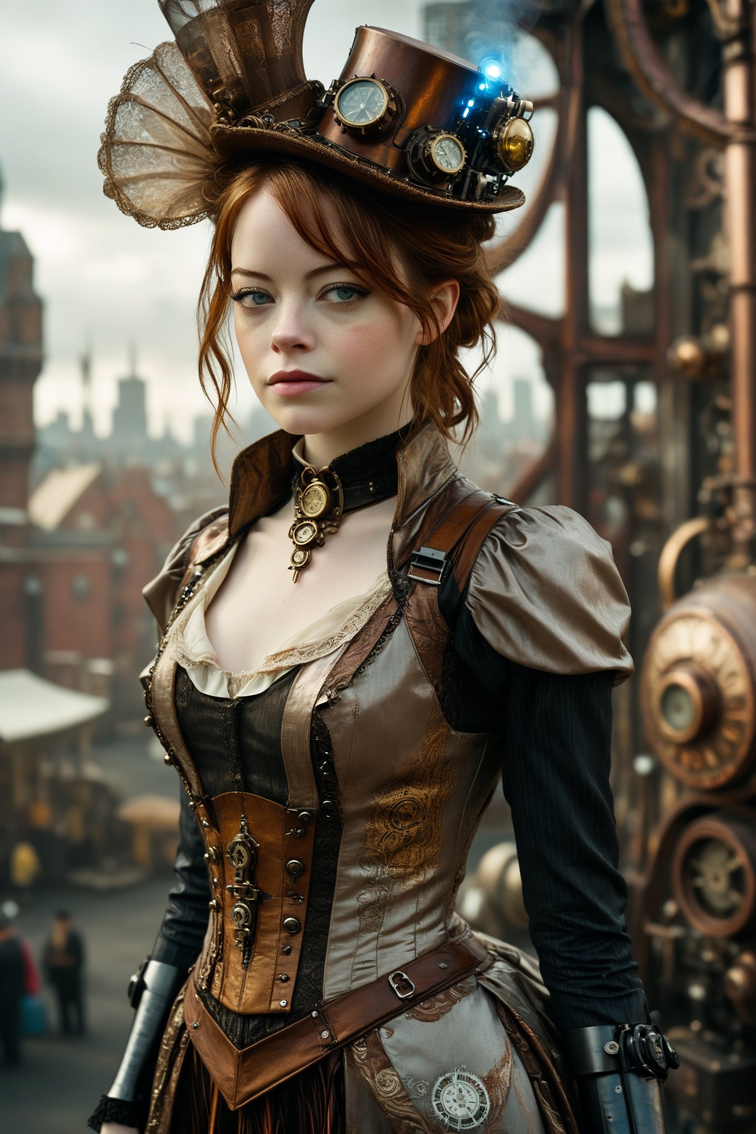 medium shot of 1girl, a beautiful emma stone. she is dressed in an elaborate steampunk outfit. behind her is a steampunk cityscape.