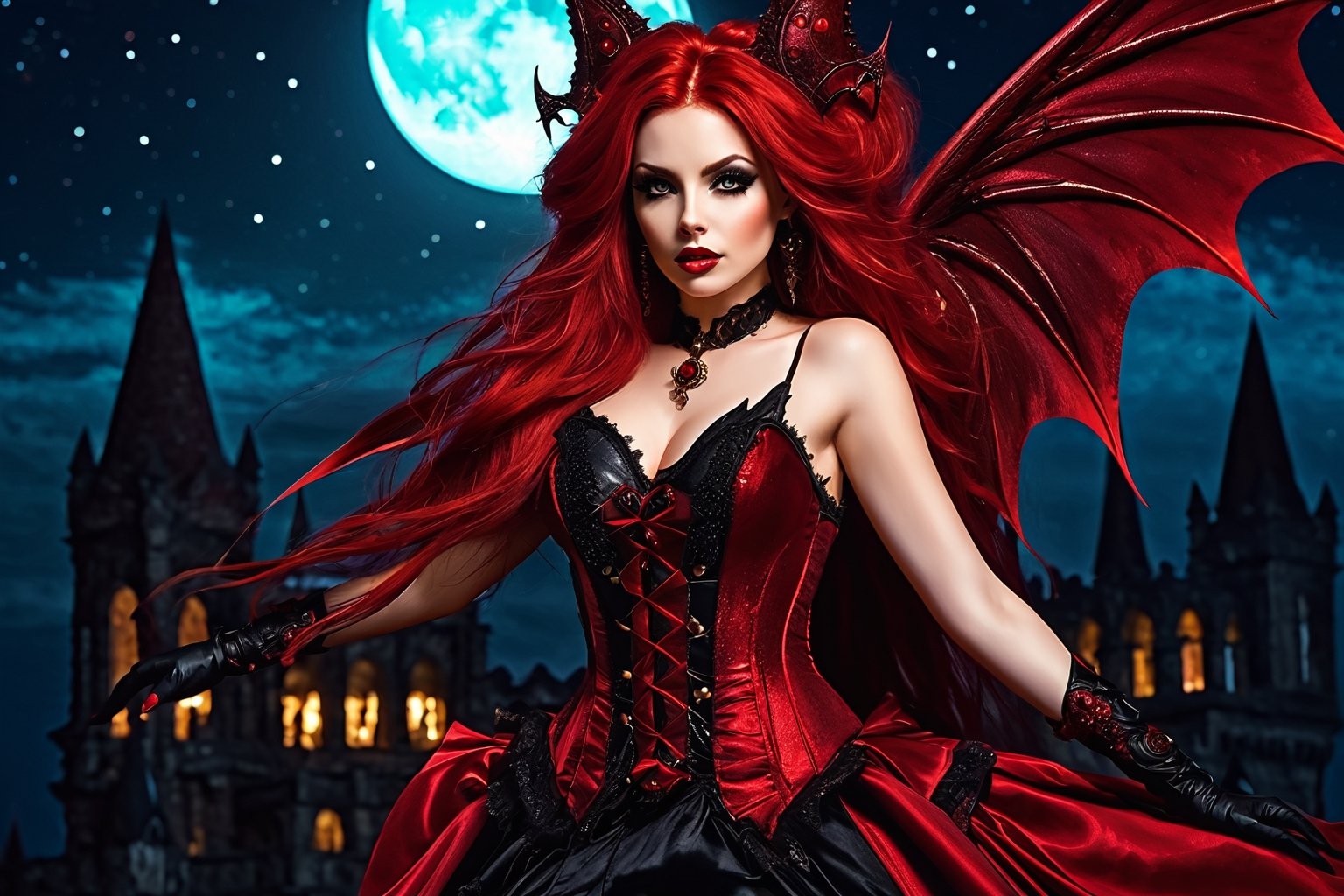 High definition vivid masterpiece, a beautiful vampire woman, elaborate spikey super long, messy red hair, blowing hair, red glowing big detailed eyes, large tattered devil wings, realistic, steampunk, night time, floating above a gothic castle, gravestones, full moon, starry sky, steampunk mechanical glowing full moon, light shafts, detailed background, boots, full body, Makeup,Masterpiece, full body,realistic
