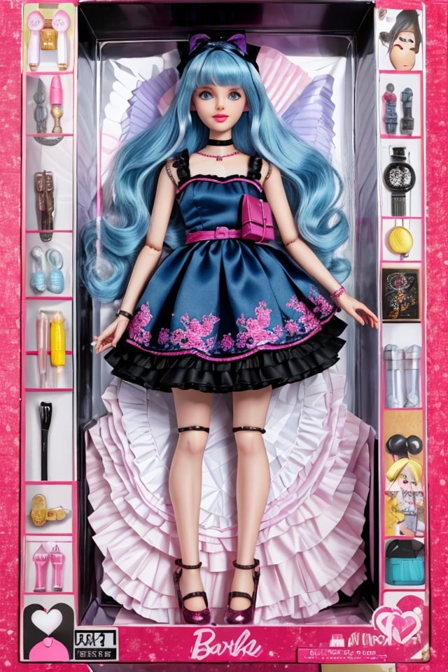 inboxDollPlaySetQuiron style, gift box,  playset, doll inside enclosed box, blister package, full body, cover page, blister box, toy, character print, doll enclosed in box, toy playset pack, in a decorative doll gift box with illustrations and pictures, elaborate doll clothes, cute detailed licca chan girl doll with vivid blue hair, and big blue eyes, full body doll in box, inside the box are several doll accessories like purses, jewelry, shirt, skirts, stockings, shoes, doll joints, perfect hands and fingers