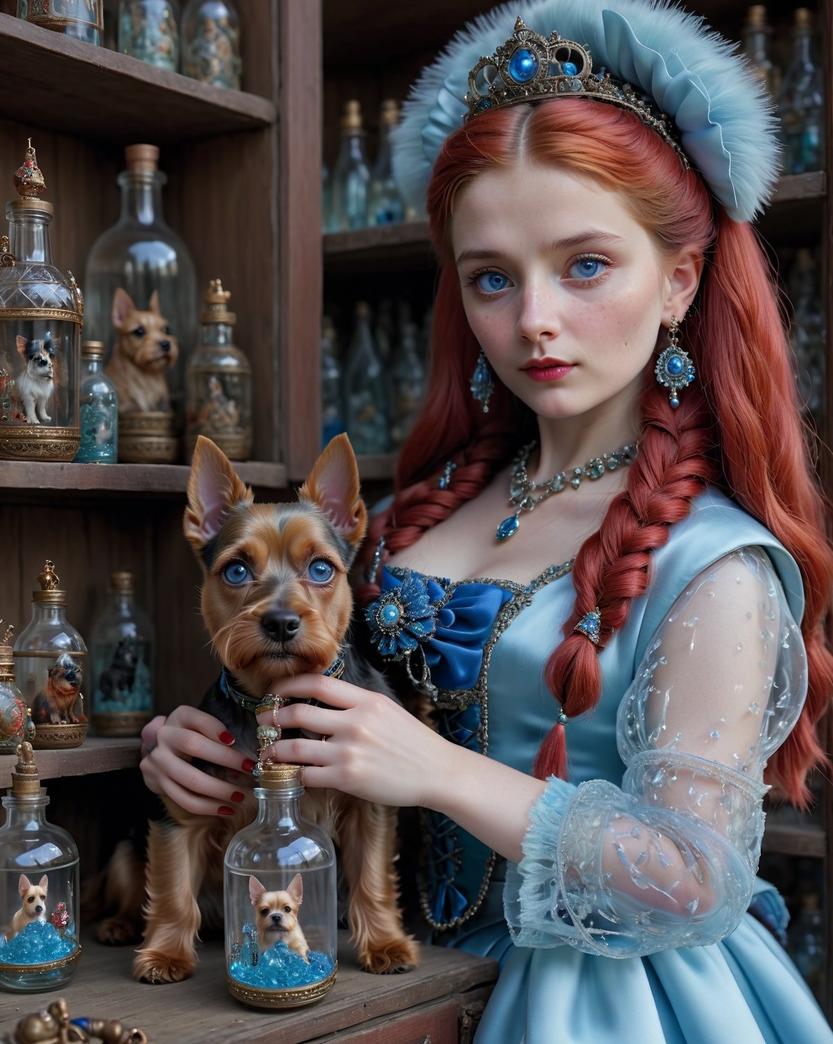 (masterpiece), (best quality:1.4),dreamlikeart, fairytale, tiny magical scottish terrier with big eyes in a bottle, realistic, photo, canon, dreamlike, art, 17 year old lady holding bottle looking at scottish terrier, lady has freckles, big lips, red long hair, elaborate red braids, red hair buns, pierced ears with elaborate dangle earrings, lady has very large detailed ice blue eyes, lady wearing elaborate outfit, elaborate jewelry, lady and scottish terrier looking at photographer, serene facial expression, hyperdetailed photorealism, shelves behind lady with lots of other bottles, natural light, lifelike high res sharp focus contrast!! intricate detailed atmospheric light refraction lighting unreal engine 5 cinematic, light shafts, 
