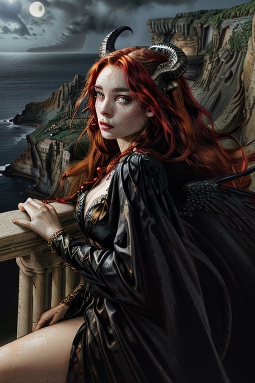extreme long shot, side view, michael parkes style, a stunning beautiful young queen of gargoyles with detailed gargoyle wings, horns, thick voluminous long curly vivid red hair, red glowing eyes sitting on the ledge of a very tall cliff on a deserted island above the stormy seas below. she is looking at the ocean. she is wearing an elaborate long black gown. it's midnight, the sky is dark there is a crescent moon in the sky and stars. michael parkes,
,Detailedface