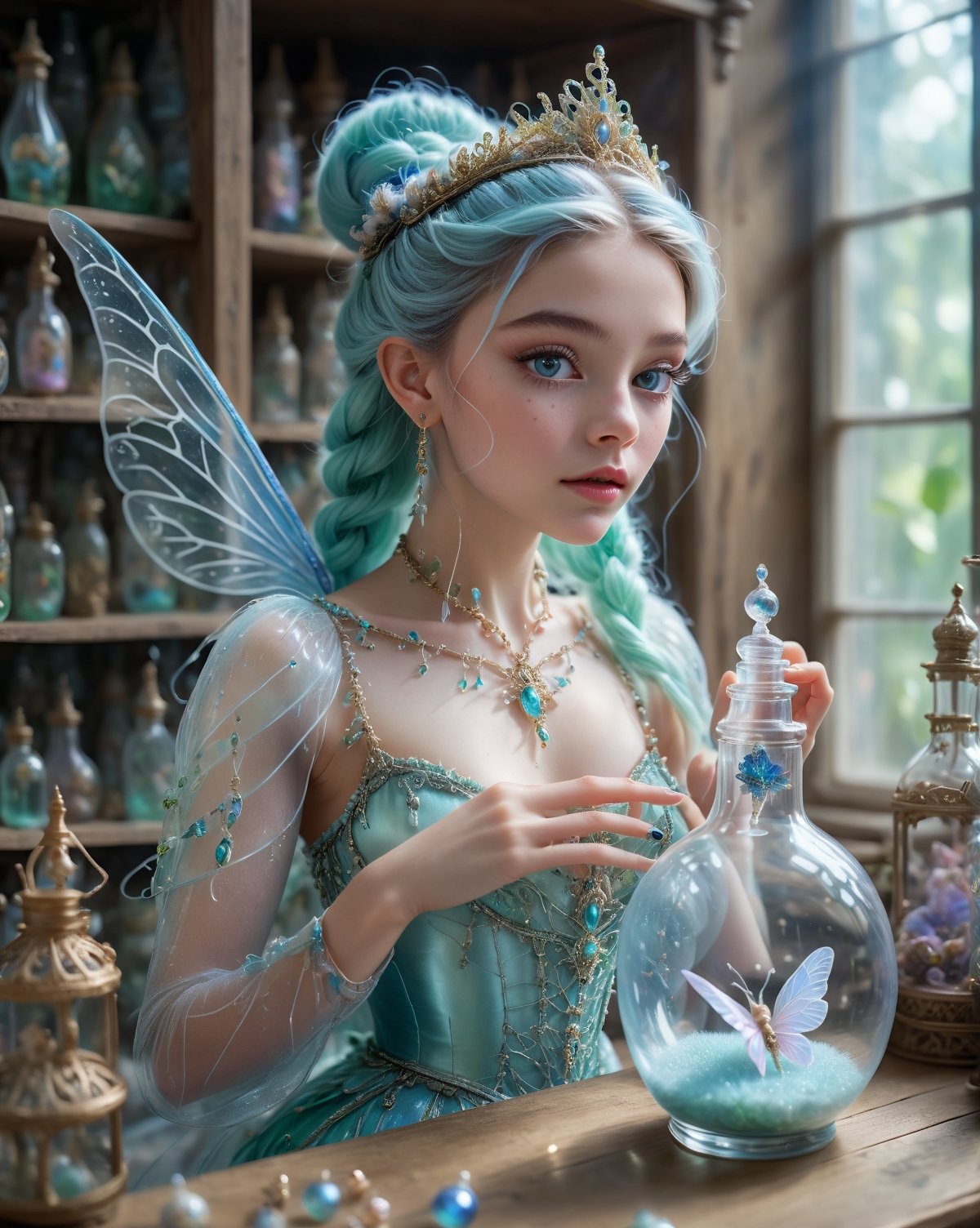 (masterpiece), (best quality:1.4),dreamlikeart, fairytale, tiny cute female fairy with elaborate ballet outfit and gossamer wings in a bottle, realistic, photo, canon, dreamlike, art, 17 year old lady looking at fairy in a bottle on a desk, lady has freckles, big lips, blue long hair, elaborate blue pastel braids, blonde hair buns, pierced ears with elaborate dangle earrings, lady has very large detailed ice green eyes, lady wearing elaborate outfit, elaborate jewelry, serene facial expression, hyperdetailed photorealism, shelves behind lady with more  bottles of fairies, natural light, lifelike high res sharp focus contrast!! intricate detailed atmospheric light refraction lighting unreal engine 5 cinematic, light shafts, full body shot, high ceiling,