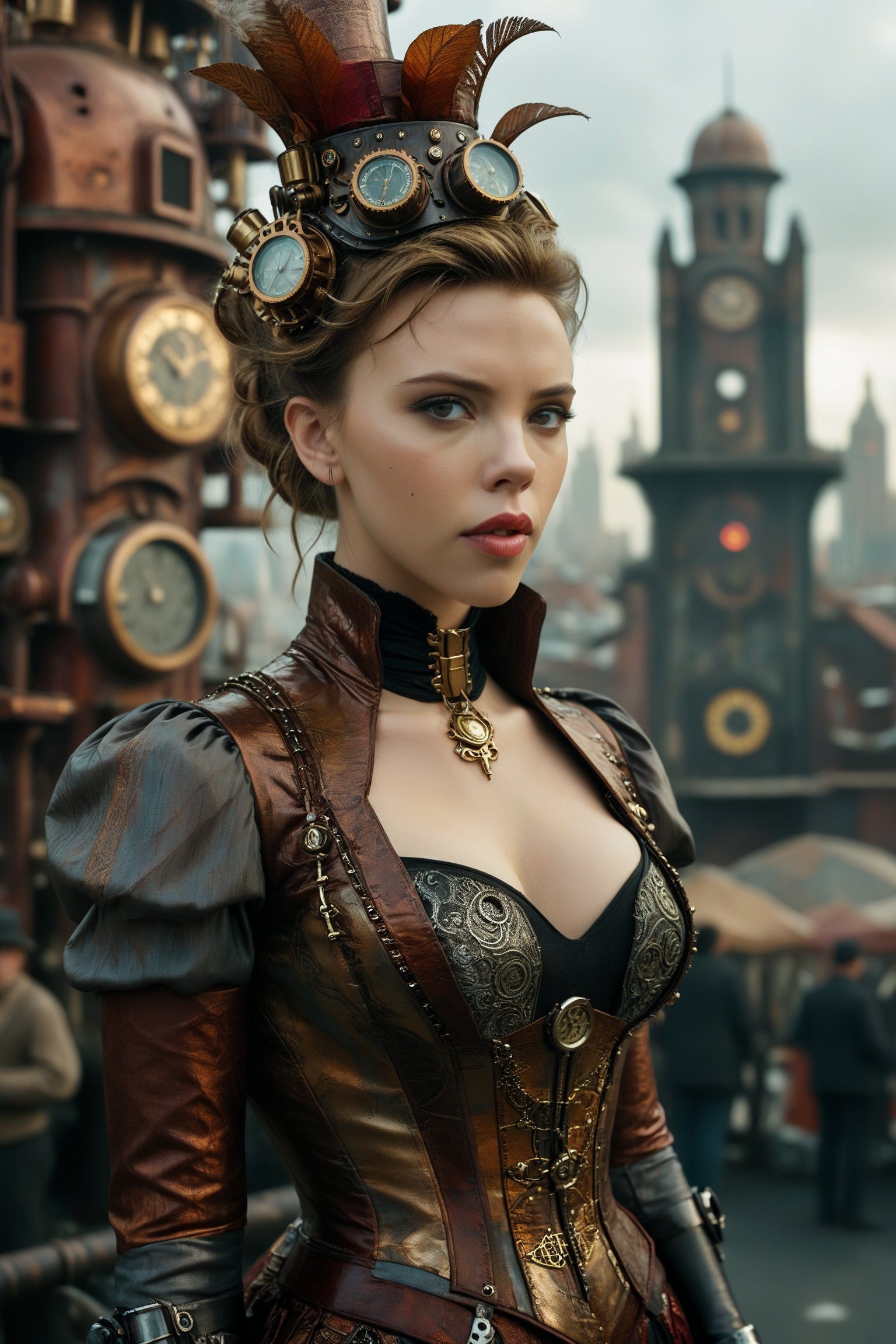 medium shot of 1girl, a beautiful Scarlett Johansson. she is dressed in an elaborate steampunk outfit. behind her is a steampunk cityscape.