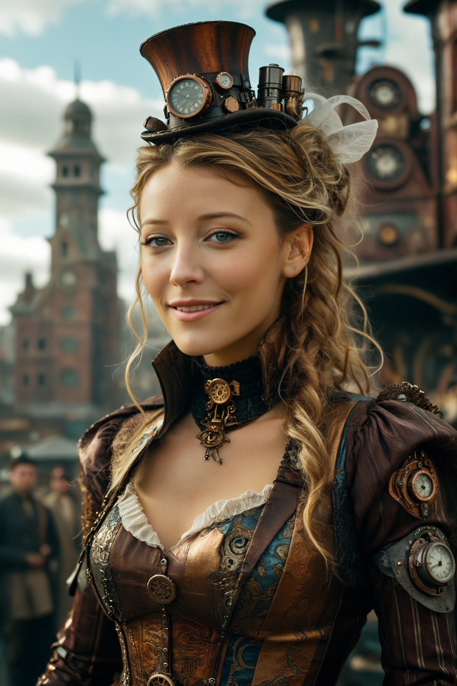 medium shot of 1girl, a happy and beautiful Blake Lively with a closed mouth smile. she is dressed in an elaborate steampunk outfit. behind her is a steampunk cityscape.