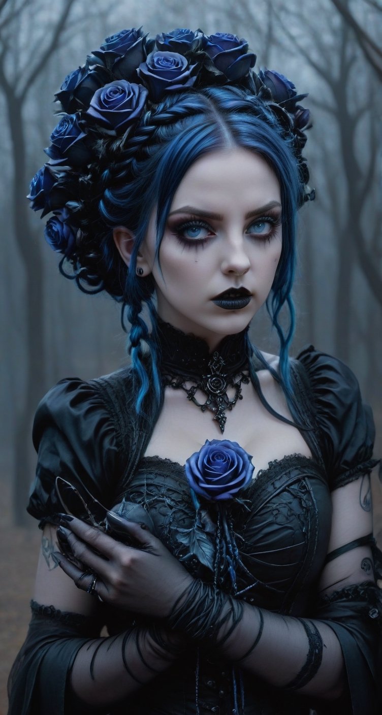 Highy detailed image, cinematic shot, (bright and intense:1.2), wide shot, perfect centralization, side view, dynamic pose, crisp, defined, HQ, detailed, HD, dynamic light & pose, motion, moody, intricate, 1girl, dark blue purple hair in elaborate braids and buns (((goth))) light blue eyes, holding a black rose, attractive, clear facial expression, perfect hands, emotional, hyperrealistic inspired by necronomicon art, fantasy horror art, photorealistic dark concept art
,goth person