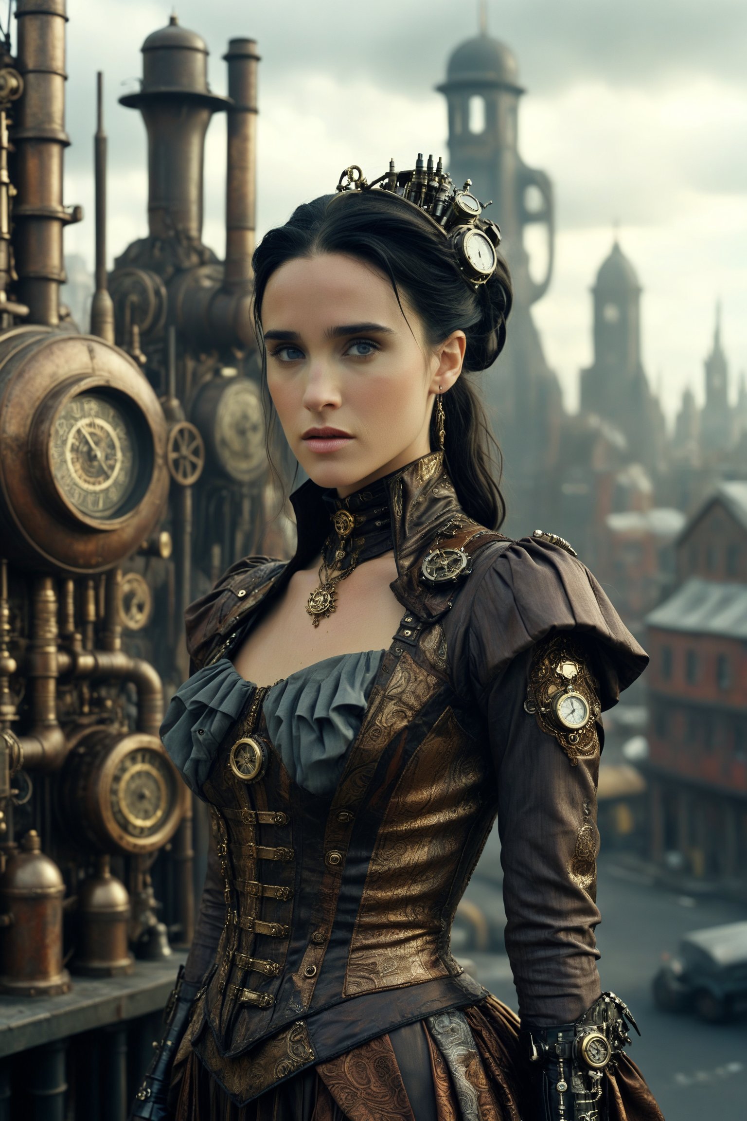 medium shot of 1girl, a beautiful 20 year old Jennifer Connelly. she is dressed in an elaborate steampunk outfit. behind her is a steampunk cityscape.