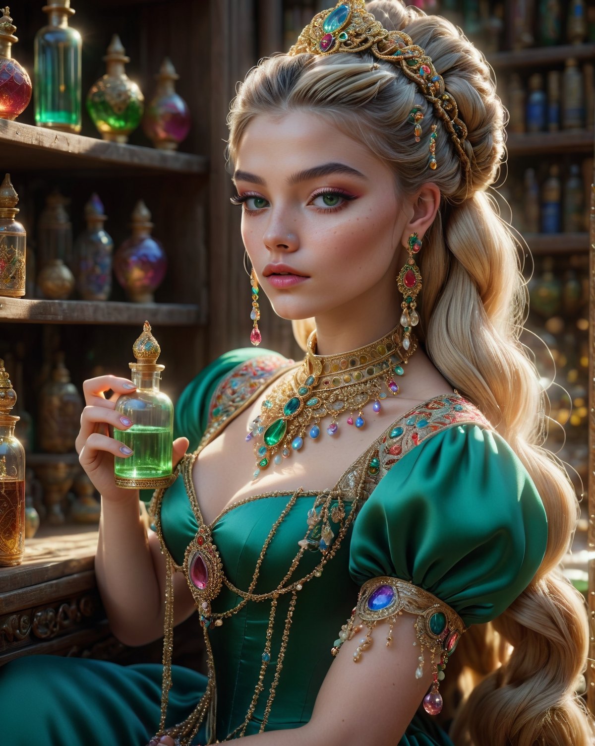 (masterpiece), (best quality:1.4),dreamlikeart, fairytale, elaborate multi-colored, shiny, jewel-like jewels, gold, elaborate jewelry and riches in a bottle, realistic, photo, canon, dreamlike, art, 17 year old lady sitting on high stool looking at the bottle, lady has freckles, big lips, blonde long hair, elaborate braids, hair buns, pierced ears with elaborate dangle earrings, lady has very large detailed emerald eyes, lady wearing elaborate silk, embroidered, shiny outfit, elaborate jewelry, serene facial expression, hyperdetailed photorealism, shelves behind lady with more different colored bottles of magical potions and ancient books, large floor to ceiling window with natural light, lifelike high res sharp focus contrast!! intricate detailed atmospheric light refraction lighting unreal engine 5 cinematic, light shafts, full body shot, high ceiling, head to toes shot 