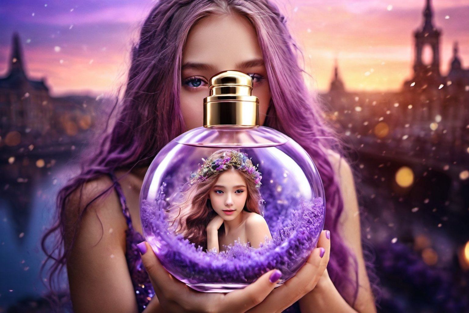 ((best quality)) , ((masterpiece)) , (detailed) , Cycles render, (a girls:1.3),  beautiful girl, detailed realistic eyes, inside a Perfume bottle long purple hair, messy windy hair, telephoto lens, dreamescape, elaborate outfit, natural skin texture, 8k resolution, intricate background, shafts of light, luminous