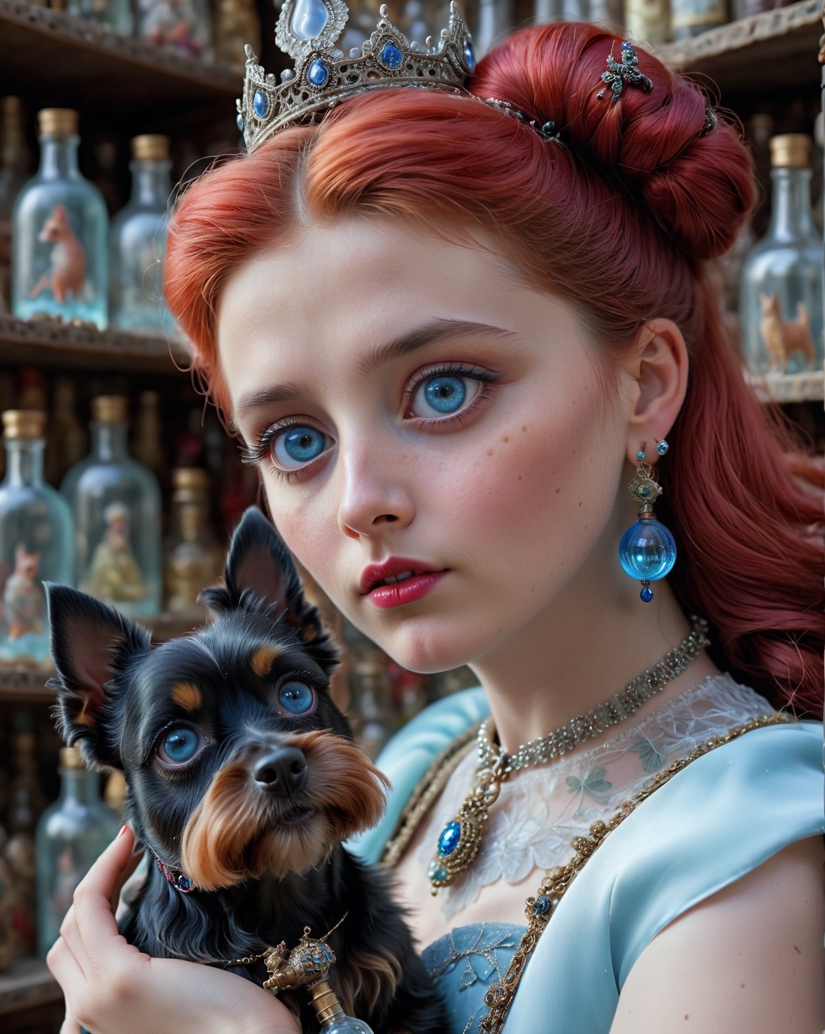 (masterpiece), (best quality:1.4),dreamlikeart, fairytale, tiny magical scottish terrier with big eyes in a bottle, realistic, photo, canon, dreamlike, art, 17 year old lady holding bottle looking at scottish terrier, lady has freckles, big lips, red long hair, elaborate red braids, red hair buns, pierced ears with elaborate dangle earrings, lady has very large detailed ice blue eyes, lady wearing elaborate outfit, elaborate jewelry, lady and scottish terrier looking at photographer, serene facial expression, hyperdetailed photorealism, shelves behind lady with lots of other bottles, natural light, lifelike high res sharp focus contrast!! intricate detailed atmospheric light refraction lighting unreal engine 5 cinematic, light shafts, 
