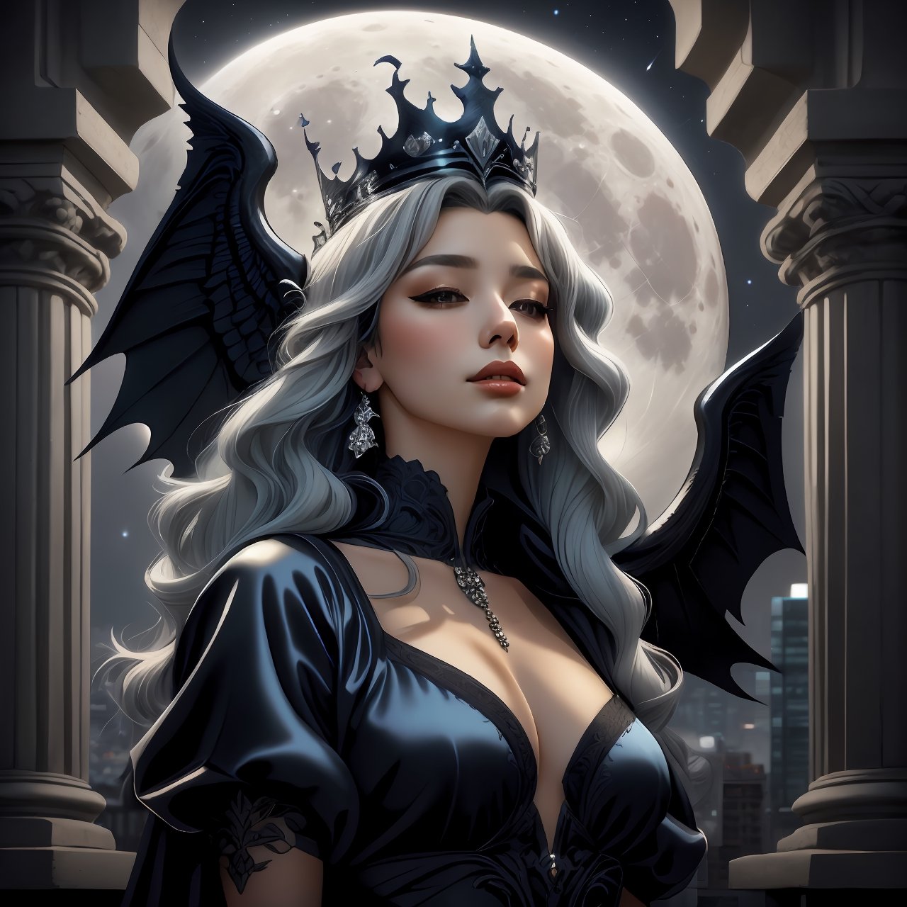 extreme long shot view,  michael parkes style, a beautiful young queen of gargoyles. long grey-blue hair, an elaborate black silk gown and a silver crown is sitting on top of a very tall building. her eyes are open and she has a serene expression. its night time with a full moon and dark sky. small gargoyles are swooping in the sky. stars are in the sky.  in the distance are tall buildings with gargoyles. michael parkes, artist study hands. ,1girl,Masterpiece,SD 1.5,realistic,leonardo