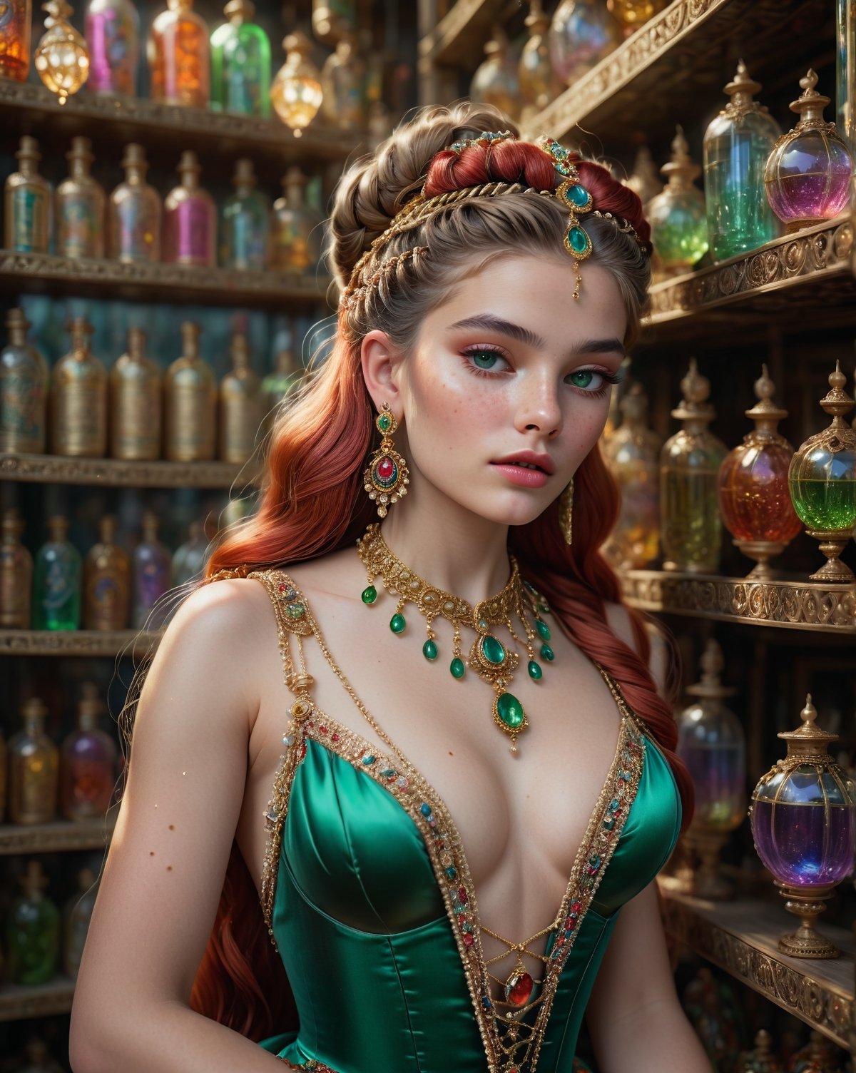 (masterpiece), (best quality:1.4),dreamlikeart, fairytale, elaborate multi-colored, shiny, jewel-like jewels, gold, elaborate jewelry and riches in a bottle, realistic, photo, canon, dreamlike, art, 17 year old lady standing on a ladder looking at bottles on shelves, lady has freckles, big lips, red long hair, elaborate braids, hair buns, pierced ears with elaborate dangle earrings, lady has very large detailed emerald eyes, lady wearing elaborate silk, embroidered, shiny outfit, elaborate jewelry, serene facial expression, hyperdetailed photorealism, shelves in room around lady with more different colored bottles of magical potions and ancient books, large floor to ceiling window with natural light, lifelike high res sharp focus contrast!! intricate detailed atmospheric light refraction lighting unreal engine 5 cinematic, light shafts, full body shot, high ceiling, head to toes shot 