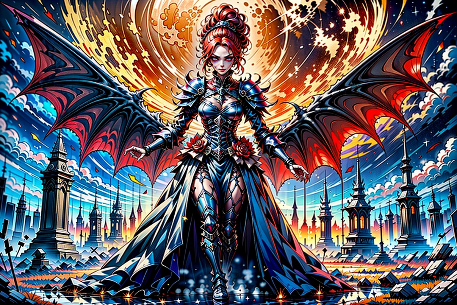 High definition vivid masterpiece, a beautiful vampire woman with red hair, elaborate braids, hair buns, messy hair, blowing hair, red glowing big detailed eyes, large tattered devil wings, realistic, steampunk, night time, in front of a gothic castle, gravestones, full moon, starry sky, dreamy, fantasy, mythical, magical, steampunk mechanical glowing full moon, light shafts, detailed background, boots, full body,horror