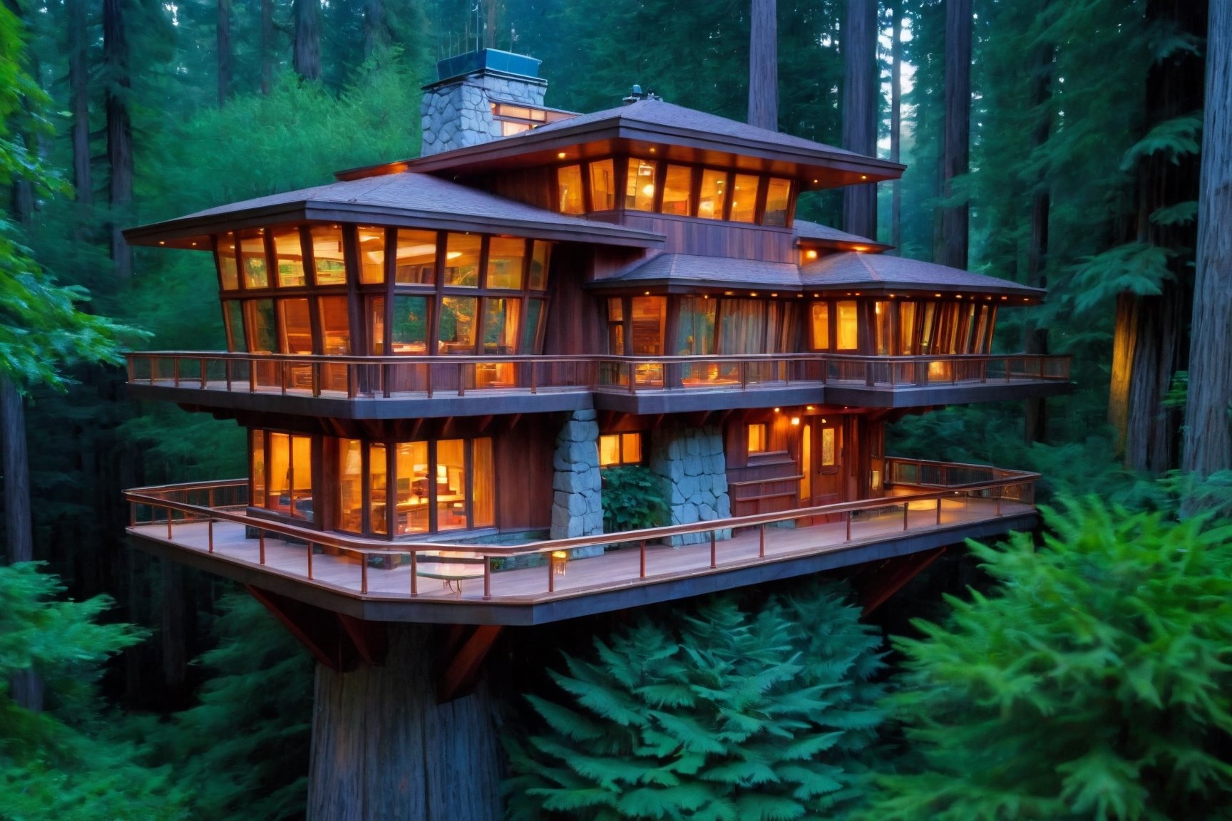 long shot ((masterpiece)), (((best quality))), ((ultra-detailed)), beautiful elaborate realistic frank lloyd wright  treehouse deep in a lush green redwood forest, large tall redwood trees, the tree house is spacious, gorgeous frank lloyd wright style architecture, rock slate foundation, there is a large wooden deck around the perimeter of the treehouse, night time full moon,,aw0k euphoric style,aw0k euphoricred style, long shot from above looking down
