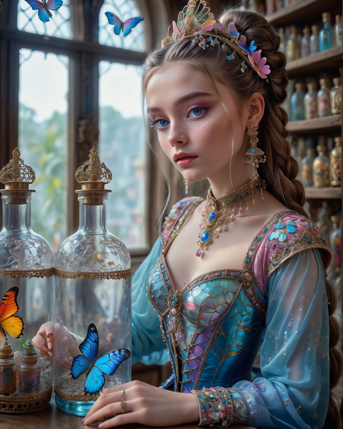 (masterpiece), (best quality:1.4),dreamlikeart, fairytale, elaborate multi-colored, shiny, jewel-like butterflies with elaborate patterns on wings in a bottle, realistic, photo, canon, dreamlike, art, 17 year old lady looking butterflies in a bottle on a desk, lady has freckles, big lips, pink long hair, elaborate braids, hair buns, pierced ears with elaborate dangle earrings, lady has very large detailed white blue eyes, lady wearing elaborate outfit, elaborate jewelry, serene facial expression, hyperdetailed photorealism, shelves behind lady with more different colored bottles of magical potions and ancient books, large floor to ceiling window with natural light, lifelike high res sharp focus contrast!! intricate detailed atmospheric light refraction lighting unreal engine 5 cinematic, light shafts, full body shot, high ceiling, head to toes, 