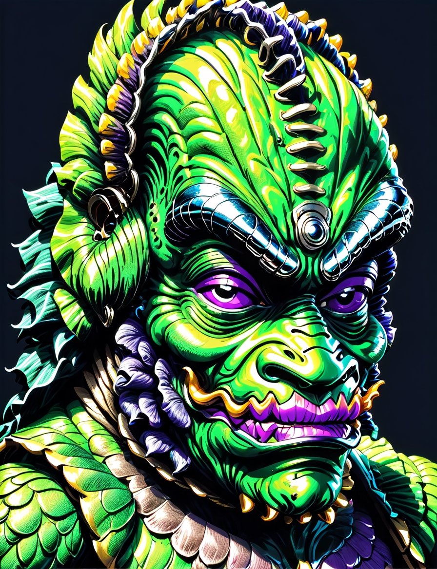 head and shoulders portrait, (creature from the black lagoon:1.5) creature warrior, green, purple, and blue colorful, symmetrical precise detail, symmetrical features, (flat silkscreen:1.5) , wearing mask, pastel-color, creative, dark flat color background ,oni style