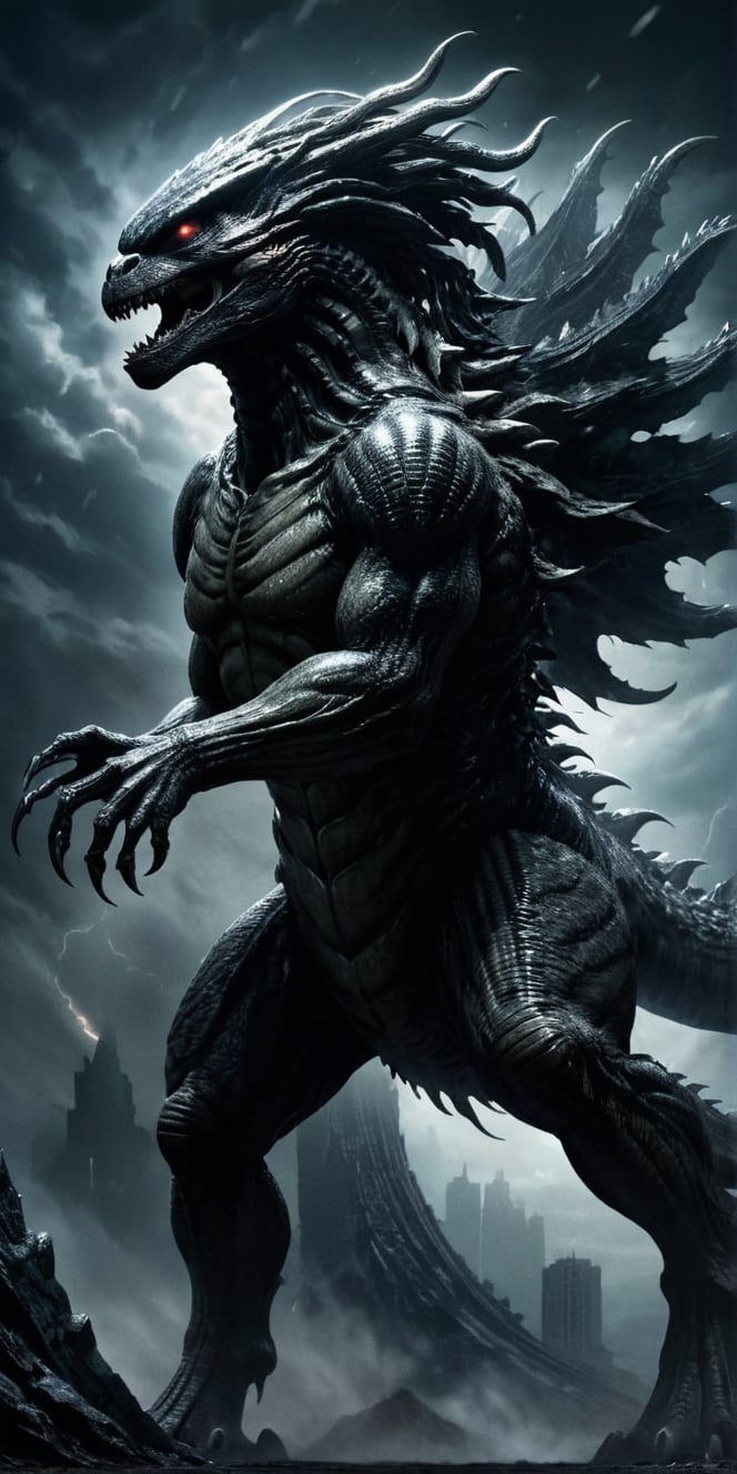 A colossal and ferocious creature, the Xenomorph Godzilla towers over its surroundings with immense power and menace. This awe-inspiring image is a digital painting that vividly captures the terrifying beauty of this fictional beast. The intricately textured and highly detailed features of its scaly, black and silver skin shimmer with a captivating darkness, while its razor-sharp teeth and claws gleam with a menacing metallic sheen. The artist's meticulous attention to detail and masterful use of lighting create a visually stunning and realistic portrayal, evoking both awe and fear in the viewer.