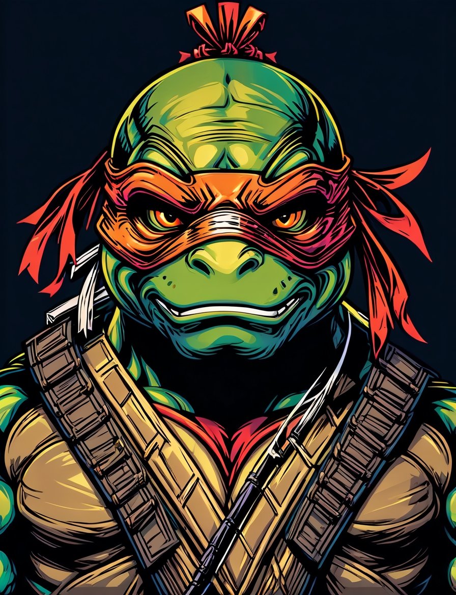 head and shoulders portrait, (ninja turtle :1.5) ninja warrior, colorful, symmetrical precise detail, symmetrical features, (flat silkscreen:1.5) , wearing mask, pastel-color, creative, dark flat color background ,oni style