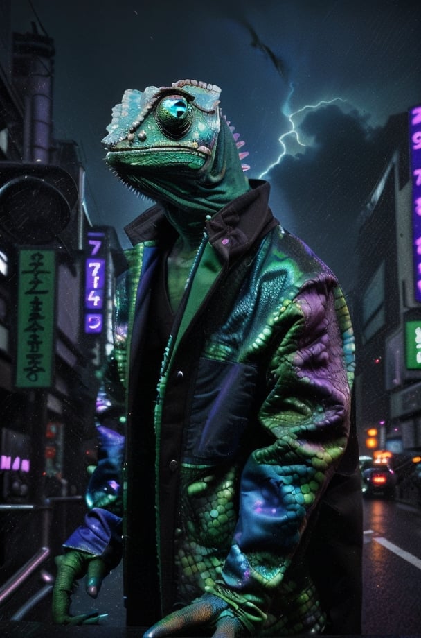 A Black, purple, green, and blue undertone Humanoid Chameleon in Tokyo, smoke, night-time, in Tokyo city, hyperrealism, thunderstorm, hyperrealism, long shot, motion blur creature crafter