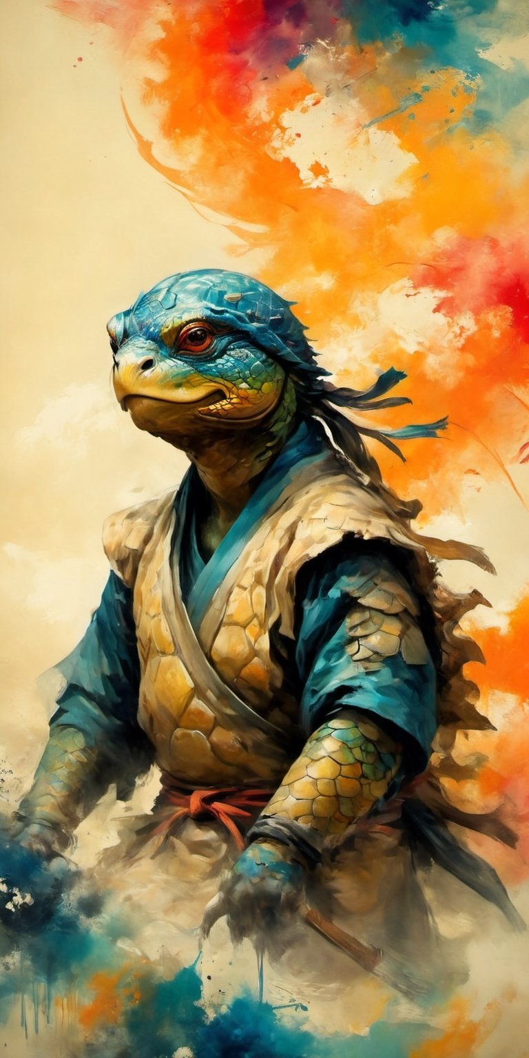 full-body psychedelic picture .Generate hyper realistic image of an ancient scroll featuring an ink wash painting of a ninja turttle, surrounded by traditional brushstroke elements, creating an evocative piece reminiscent of classical Asian art, Movie Poster,Movie Poster, sharp focus, intense colors, vibrant colors, chromatic aberration,MoviePosterAF, UHD, 8K,oil paint,painting