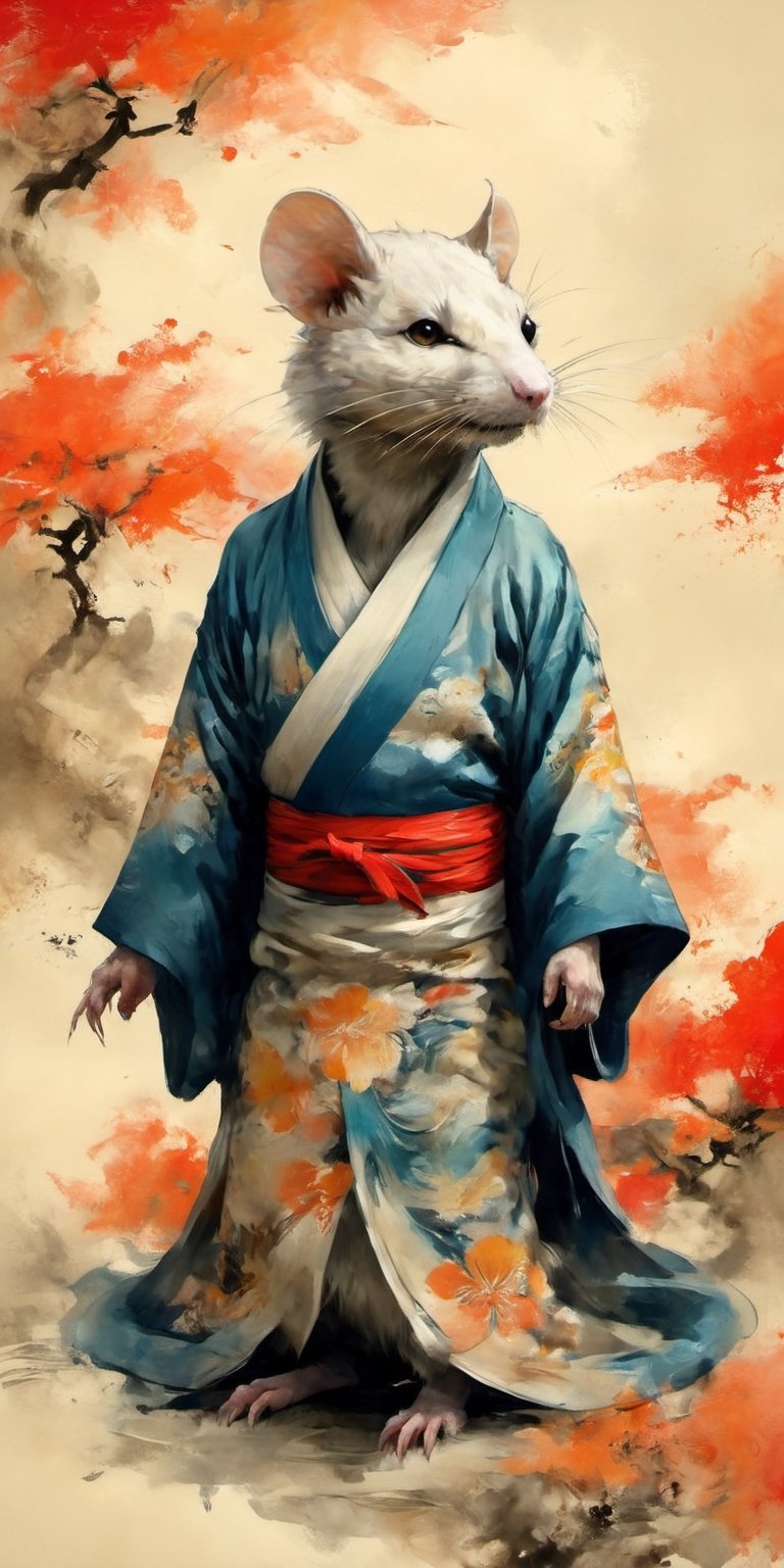 full-body psychedelic picture .Generate hyper realistic image of an ancient scroll featuring an ink wash painting of an animorphic Rat dressed in a Japanese kimono, surrounded by traditional brushstroke elements, creating an evocative piece reminiscent of classical Asian art, Movie Poster,Movie Poster, sharp focus, intense colors, vibrant colors, chromatic aberration,MoviePosterAF, UHD, 8K,oil paint,painting
