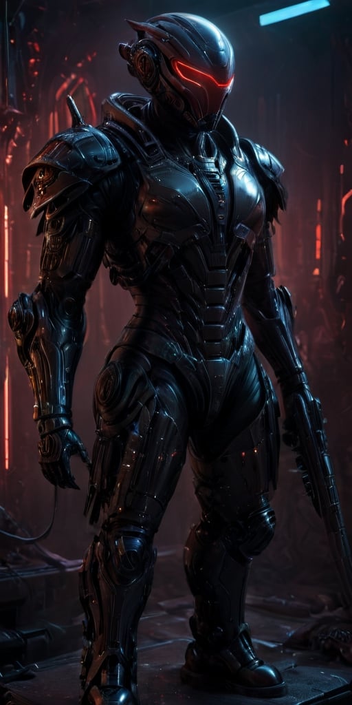 juggernouth robocop character, anthropomorphic figure, wearing futuristic black soldier armor and weapons, reflection mapping, realistic figure, hyperdetailed, cinematic lighting photography, red lighting on suit, mecha, cyborg style,Movie Still