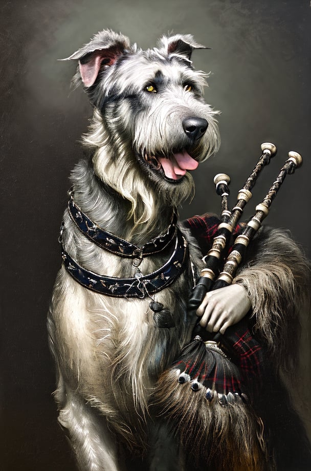 A dramatic portrait of a Irish Wolfhound dog, chill, happy, playing bagpipes, dressed in a traditional Irish kilt, dramatic lighting, emotional intensity, tenebrism, soft edges, oil on canvas, romanticism, realism, chiaroscuro, by Rembrandt, by van dyke