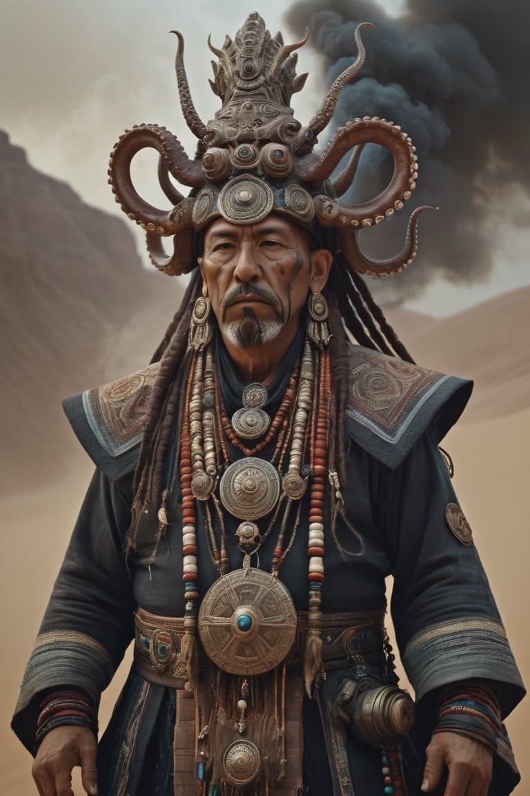 incredible depiction of a anthropomorphic octopus shaman, ancient and old, ornate trinkets, elaborate, tribal, beautiful, highly detailed and intricate, hypermaximalist, ornate, luxury, ominous, smoke, atmospheric desert, haunting, matte painting, cinematic, cgsociety, Antonio J. Manzanedo, Vladimir Matyukhin, Brian froud