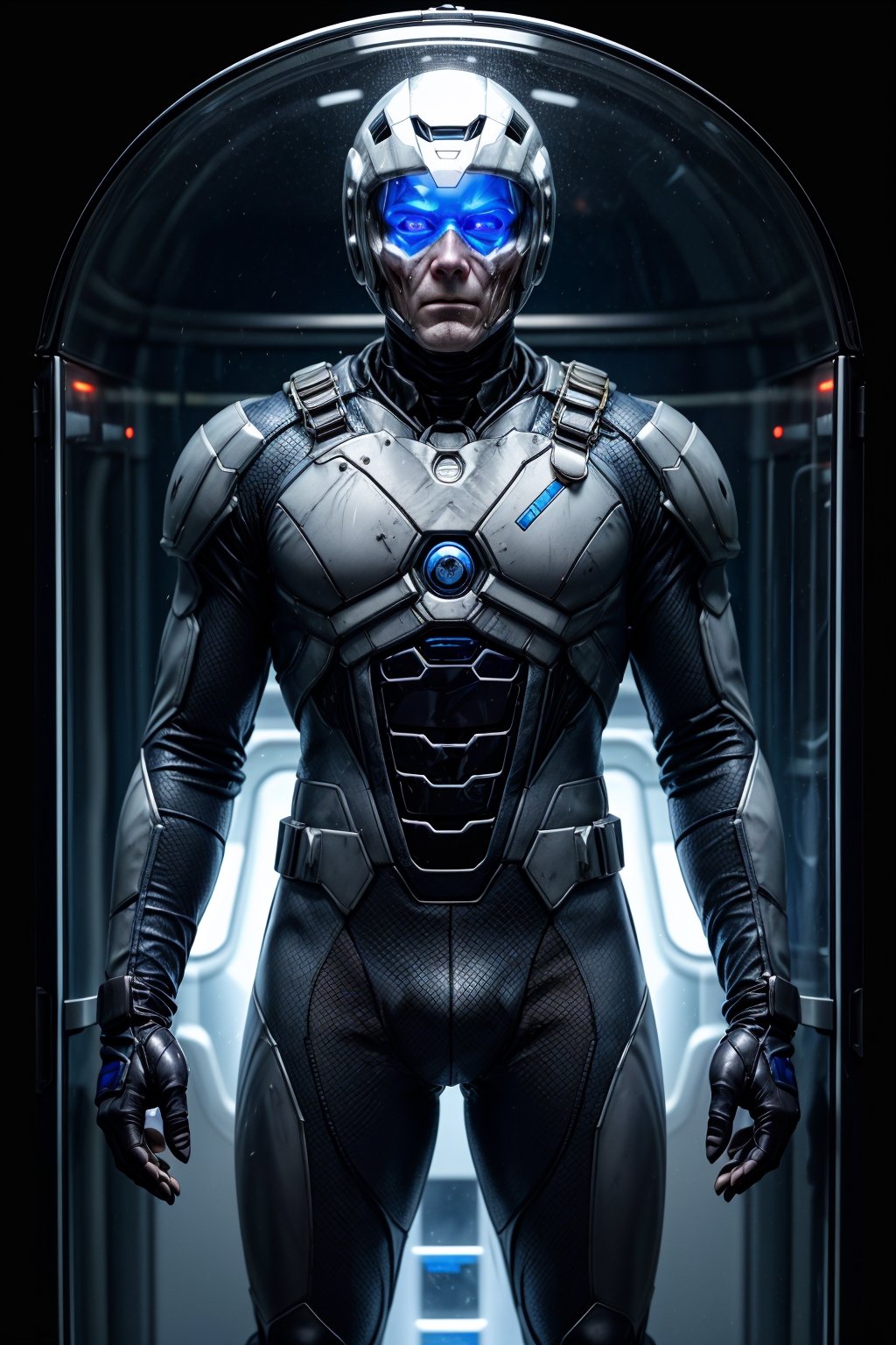 Mr. Freeze a man encased in a cryogenic suit, which sustains his life and maintains a freezing environment. The suit accompanied by a helmet with a transparent visor, revealing his cold and emotionless eyes. His skin is udepicted as pale and bluish due to his cryogenic condition.